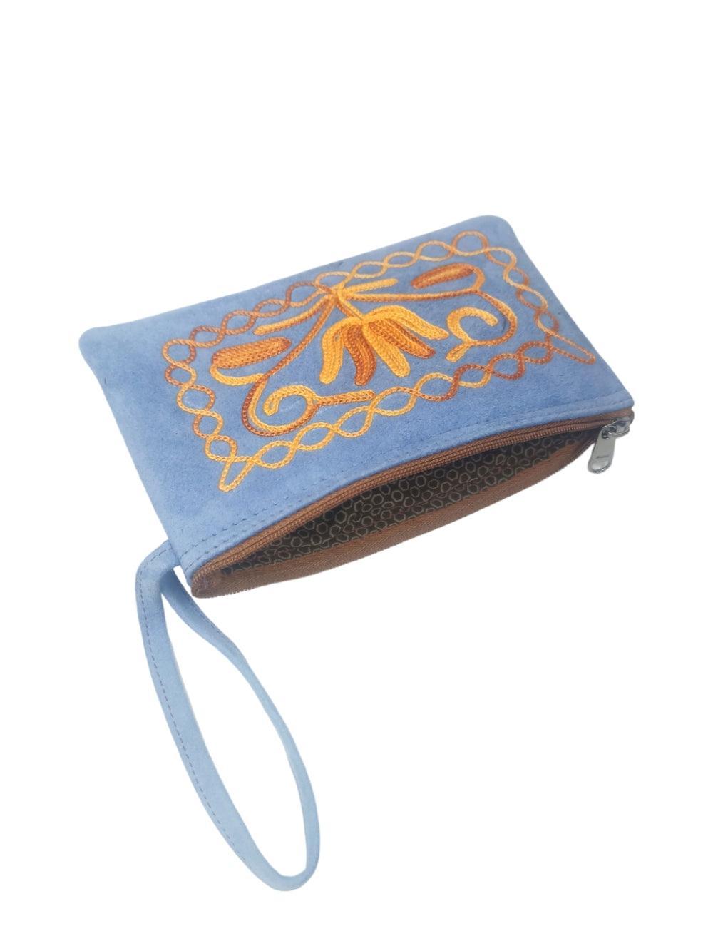 Suede Leather Purse Single Zip | Aari Hand Purch | 6"Zip Purse - ZANSKAR ARTS
