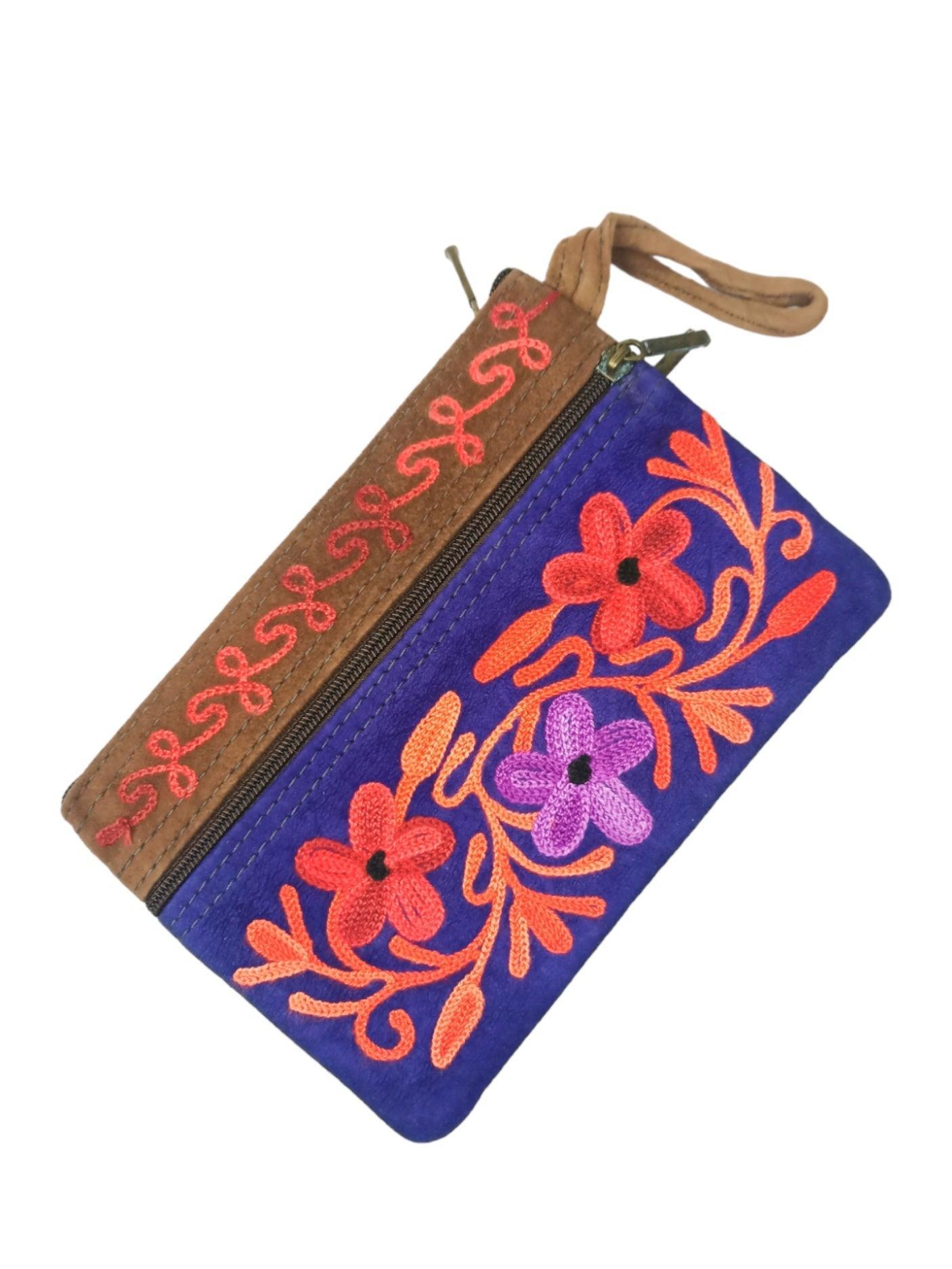 Suede Leather Purse | Aari Hand Purch | 6" 3 Zip Embroidered Purse - ZANSKAR ARTS