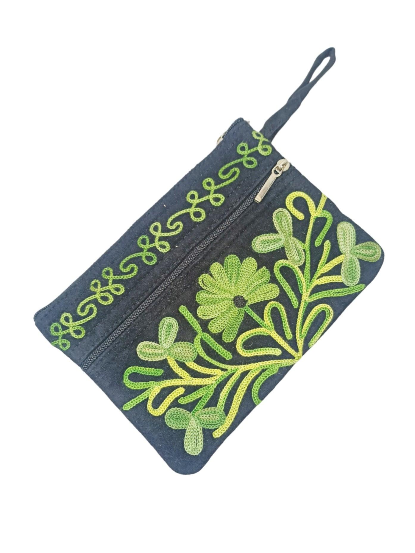 Suede Leather Purse | Aari Hand Purch | 6" 3 Zip Embroidered Purse - ZANSKAR ARTS