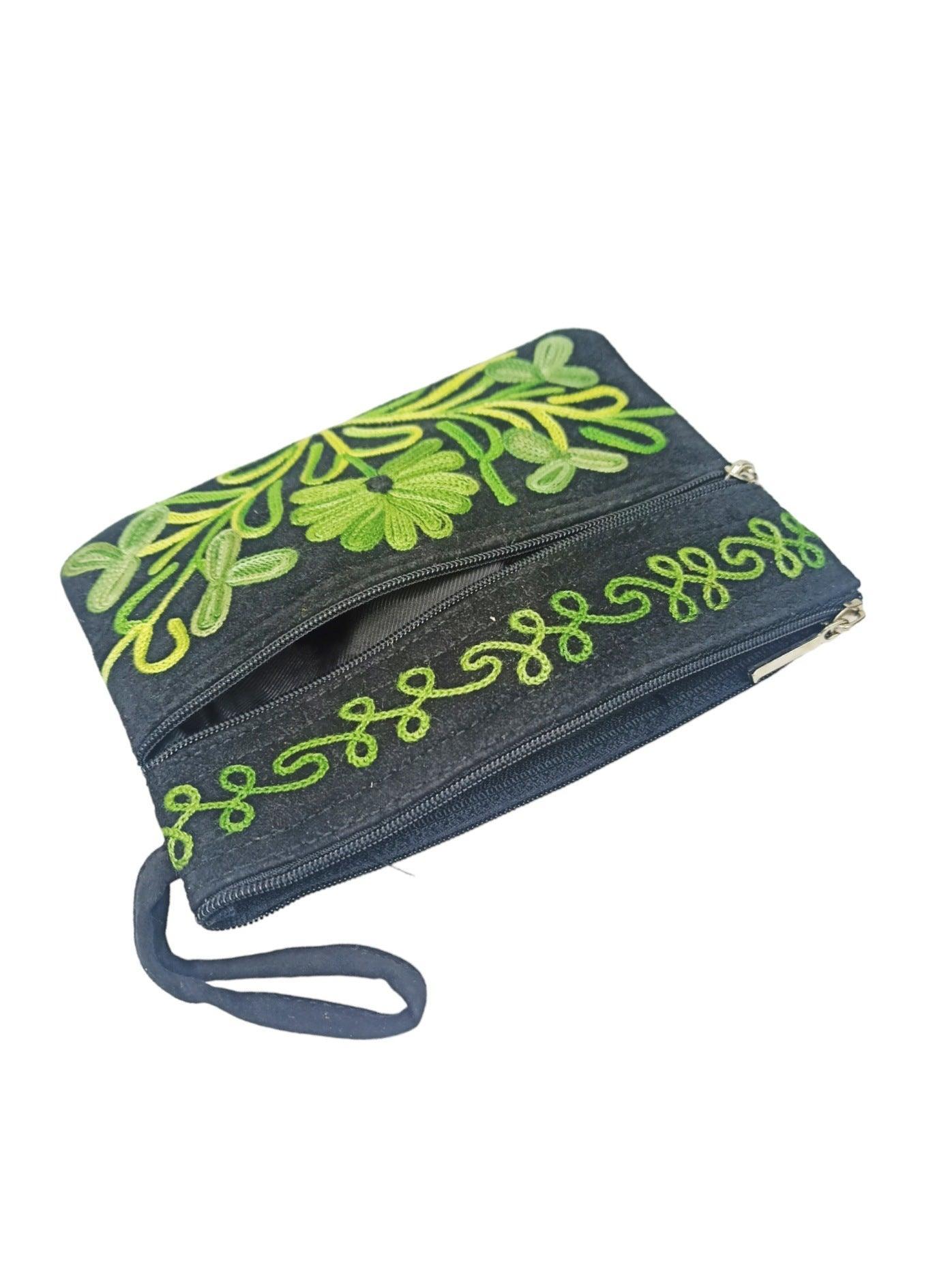 Suede Leather Purse | Aari Hand Purch | 6" 3 Zip Embroidered Purse - ZANSKAR ARTS