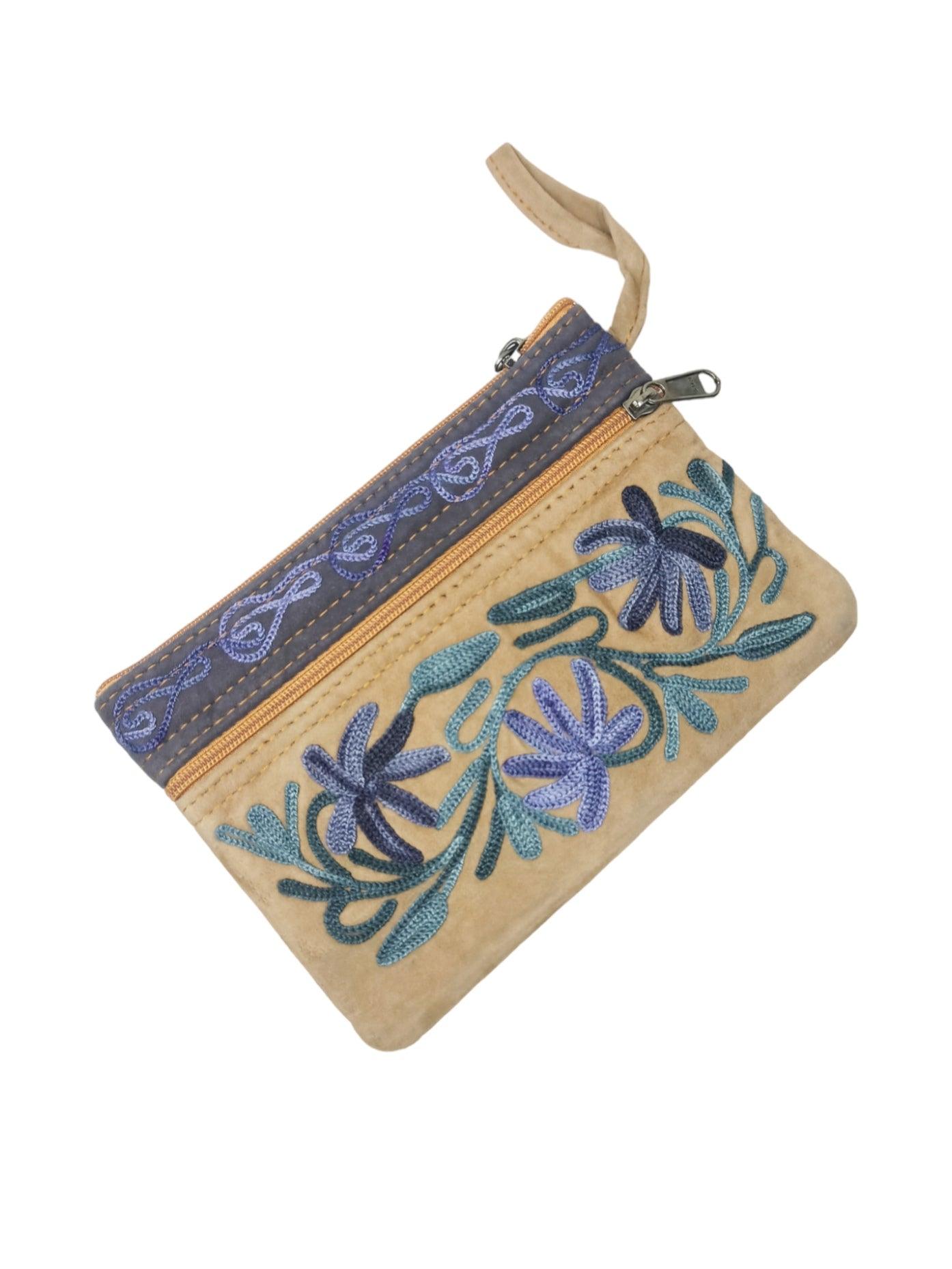 Suede Leather Purse | Aari Hand Purch | 6" 3 Zip Embroidered Purse - ZANSKAR ARTS