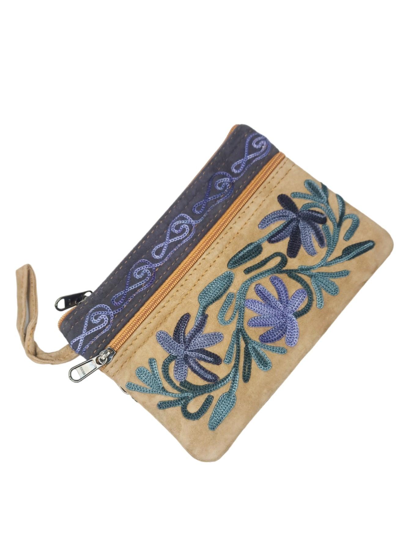 Suede Leather Purse | Aari Hand Purch | 6" 3 Zip Embroidered Purse - ZANSKAR ARTS