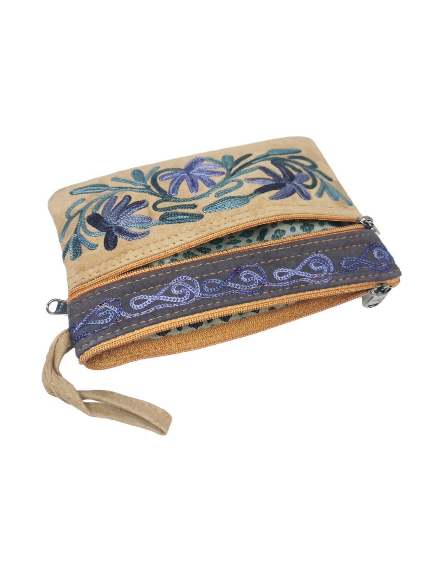 Suede Leather Purse | Aari Hand Purch | 6" 3 Zip Embroidered Purse - ZANSKAR ARTS