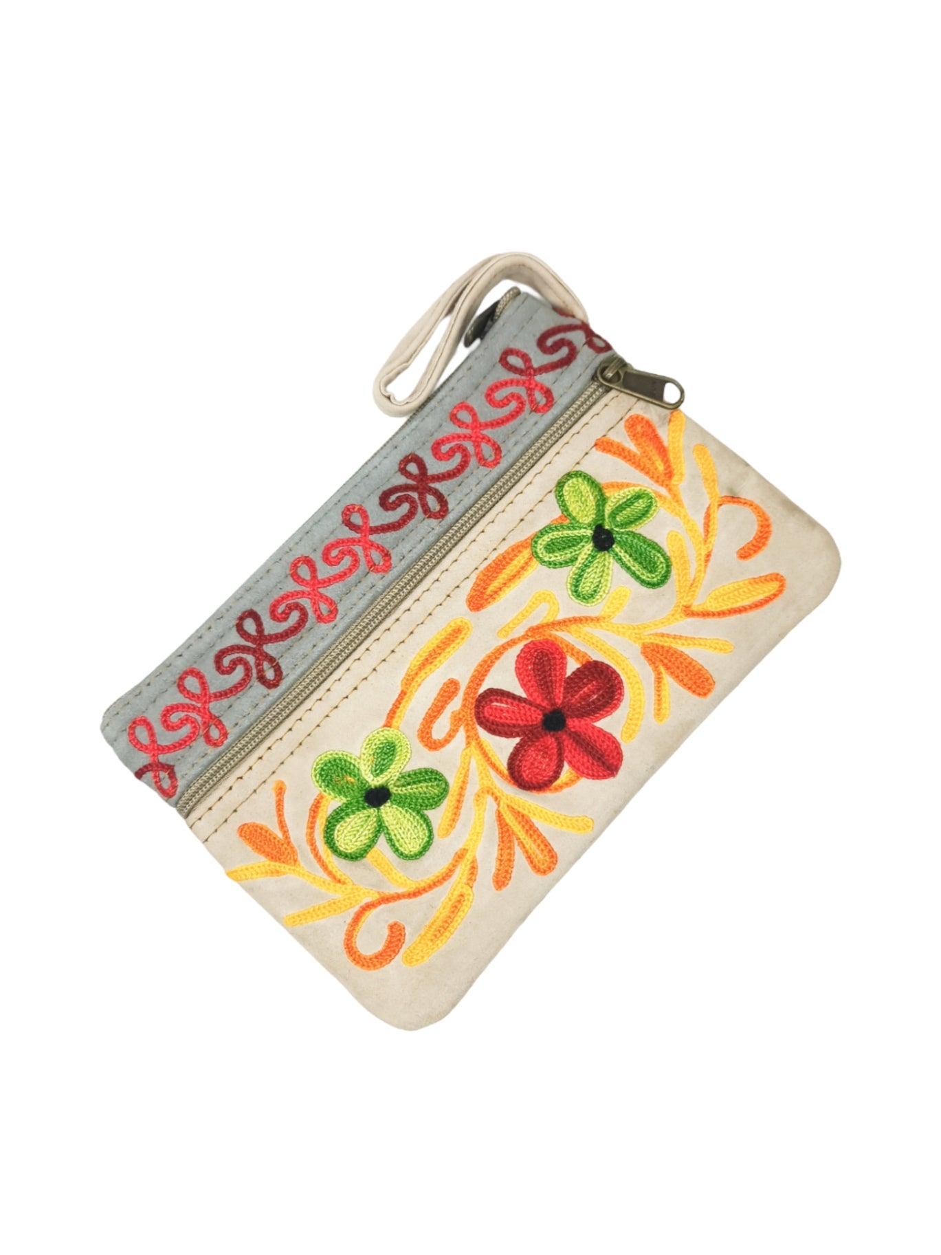 Suede Leather Purse | Aari Hand Purch | 6" 3 Zip Embroidered Purse - ZANSKAR ARTS
