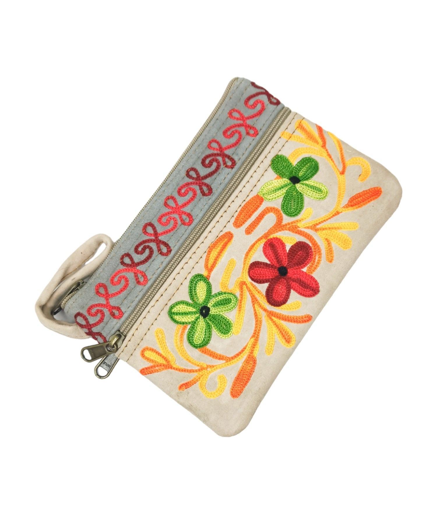 Suede Leather Purse | Aari Hand Purch | 6" 3 Zip Embroidered Purse - ZANSKAR ARTS