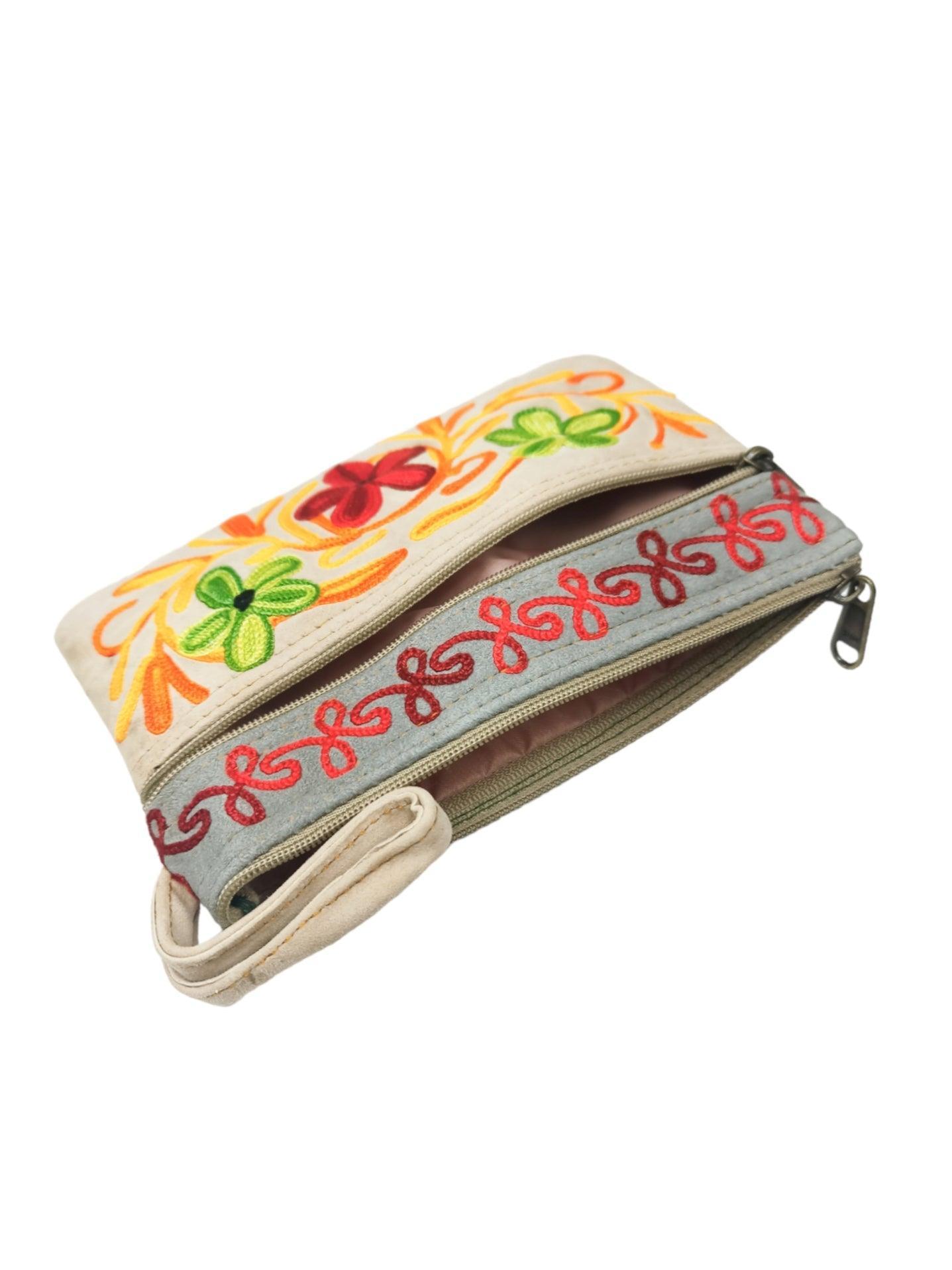 Suede Leather Purse | Aari Hand Purch | 6" 3 Zip Embroidered Purse - ZANSKAR ARTS