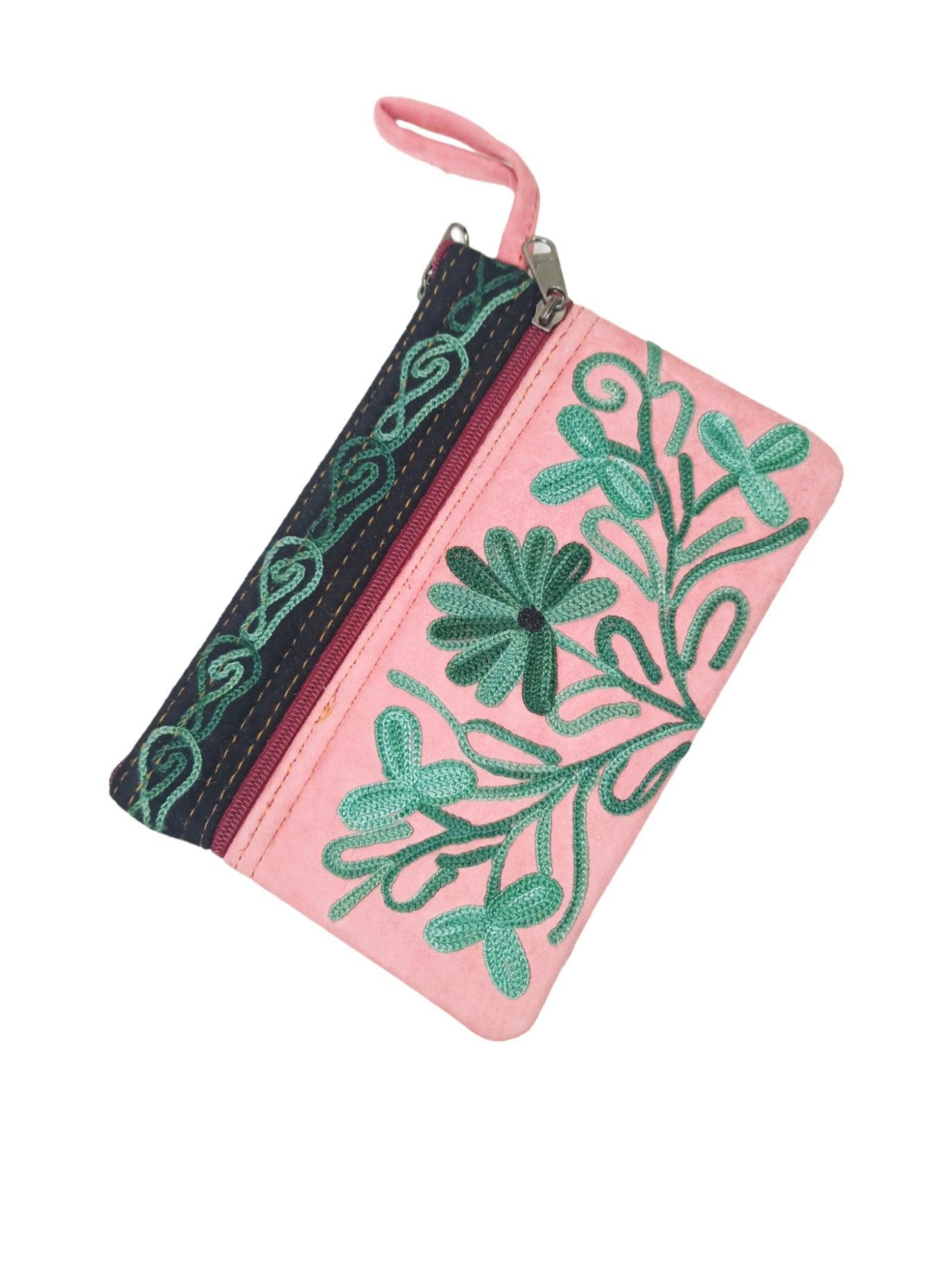 Suede Leather Purse | Aari Hand Purch | 6" 3 Zip Embroidered Purse - ZANSKAR ARTS