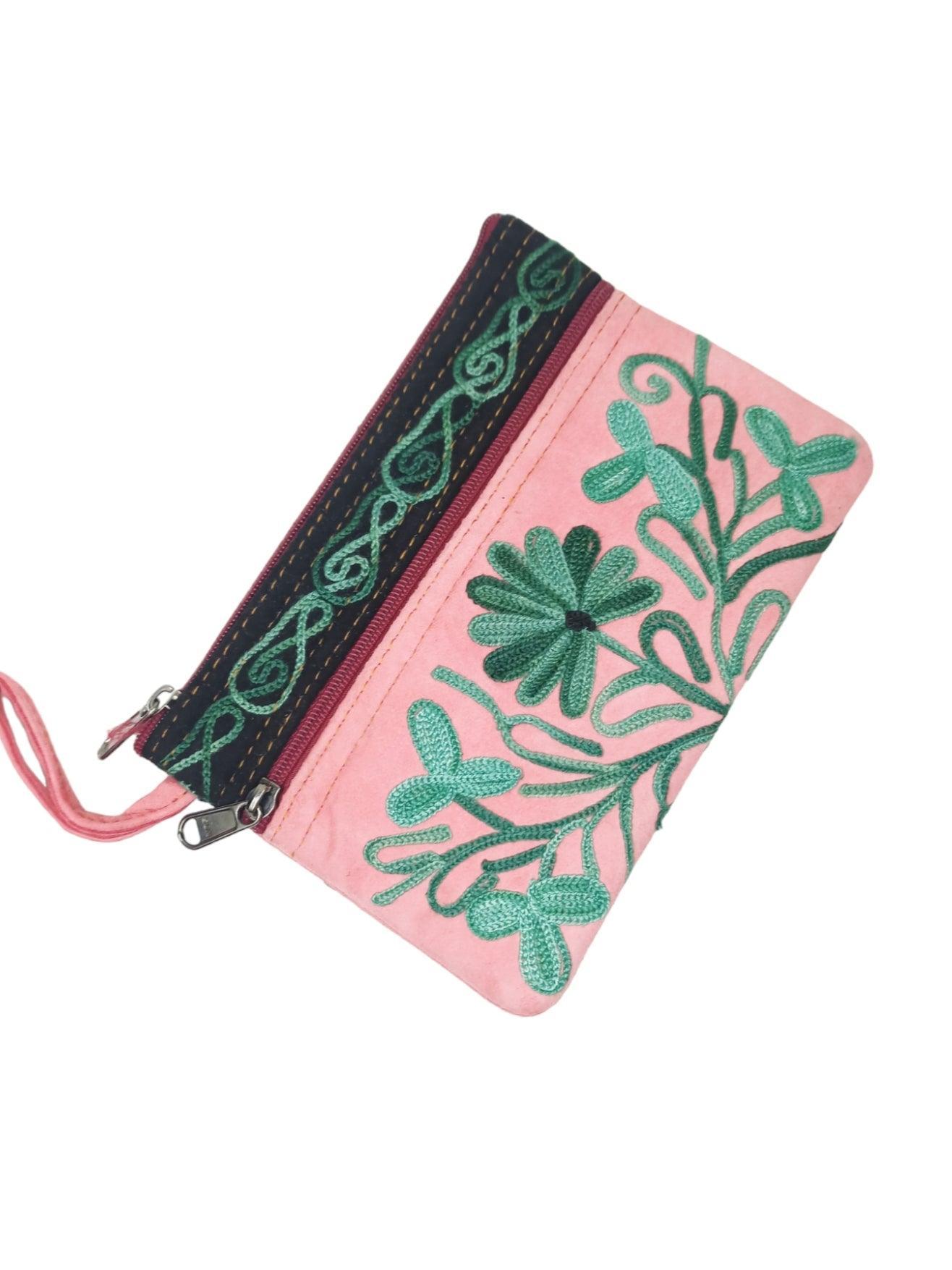 Suede Leather Purse | Aari Hand Purch | 6" 3 Zip Embroidered Purse - ZANSKAR ARTS