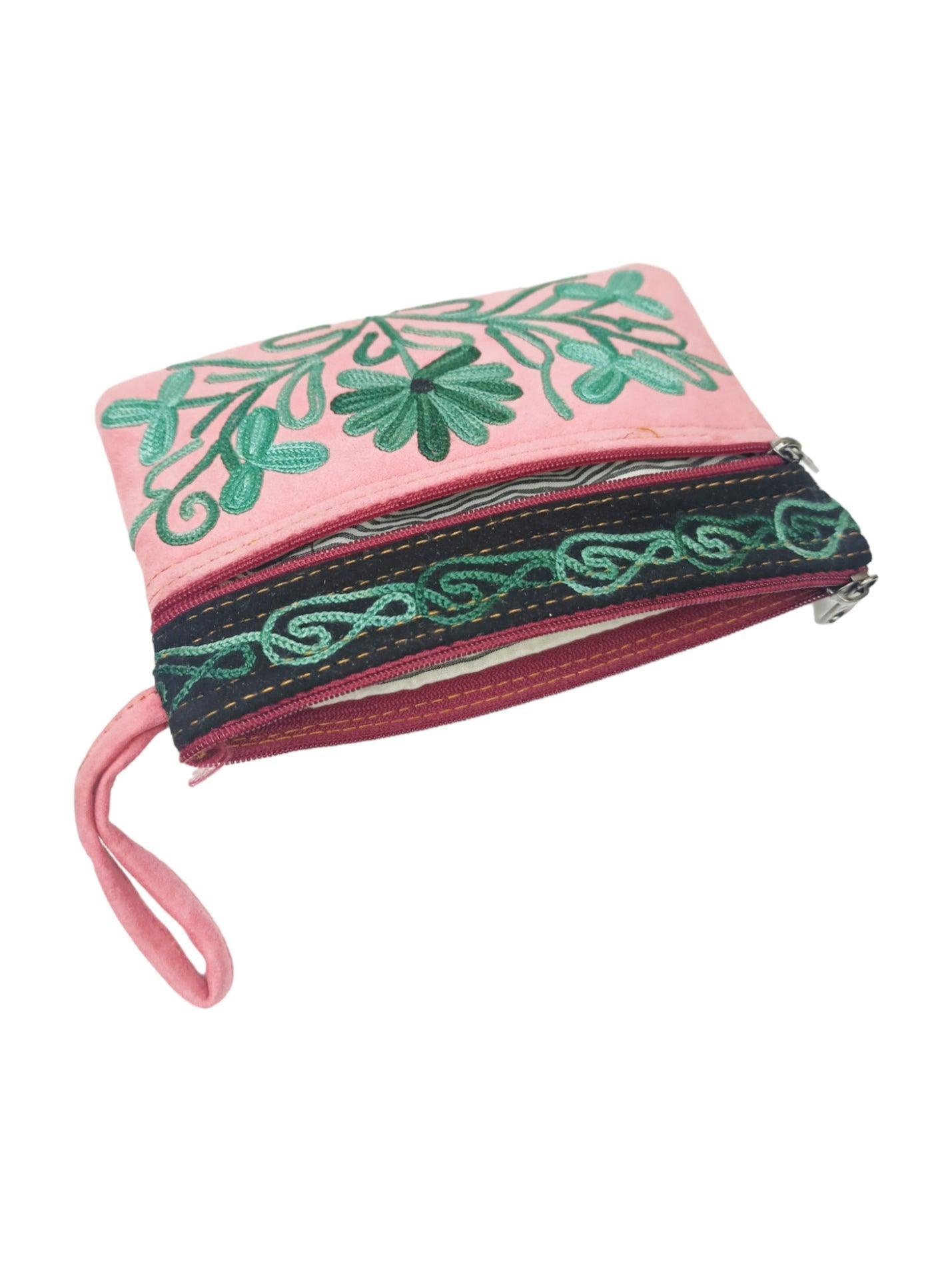 Suede Leather Purse | Aari Hand Purch | 6" 3 Zip Embroidered Purse - ZANSKAR ARTS