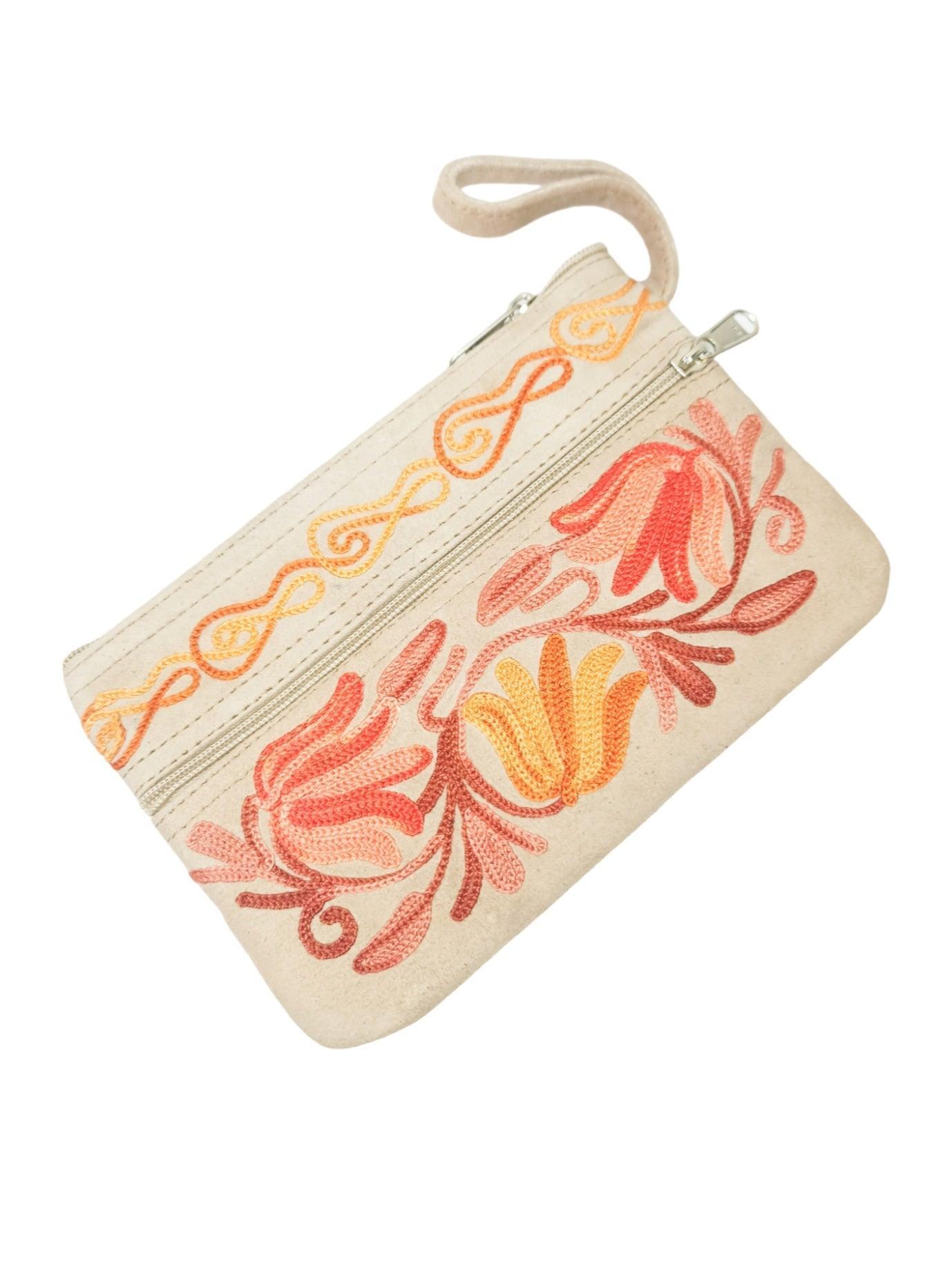 Suede Leather Purse | Aari Hand Purch | 6" 3 Zip Embroidered Purse - ZANSKAR ARTS