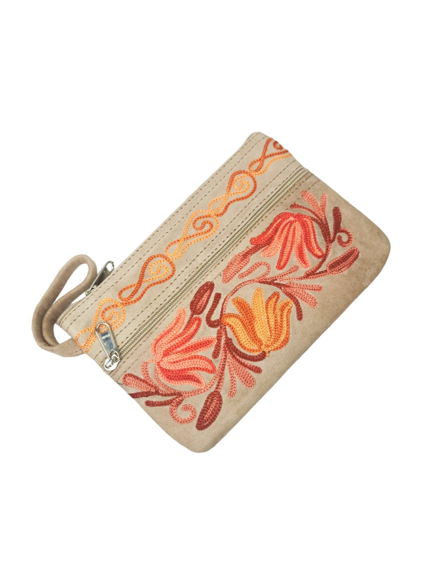 Suede Leather Purse | Aari Hand Purch | 6" 3 Zip Embroidered Purse - ZANSKAR ARTS