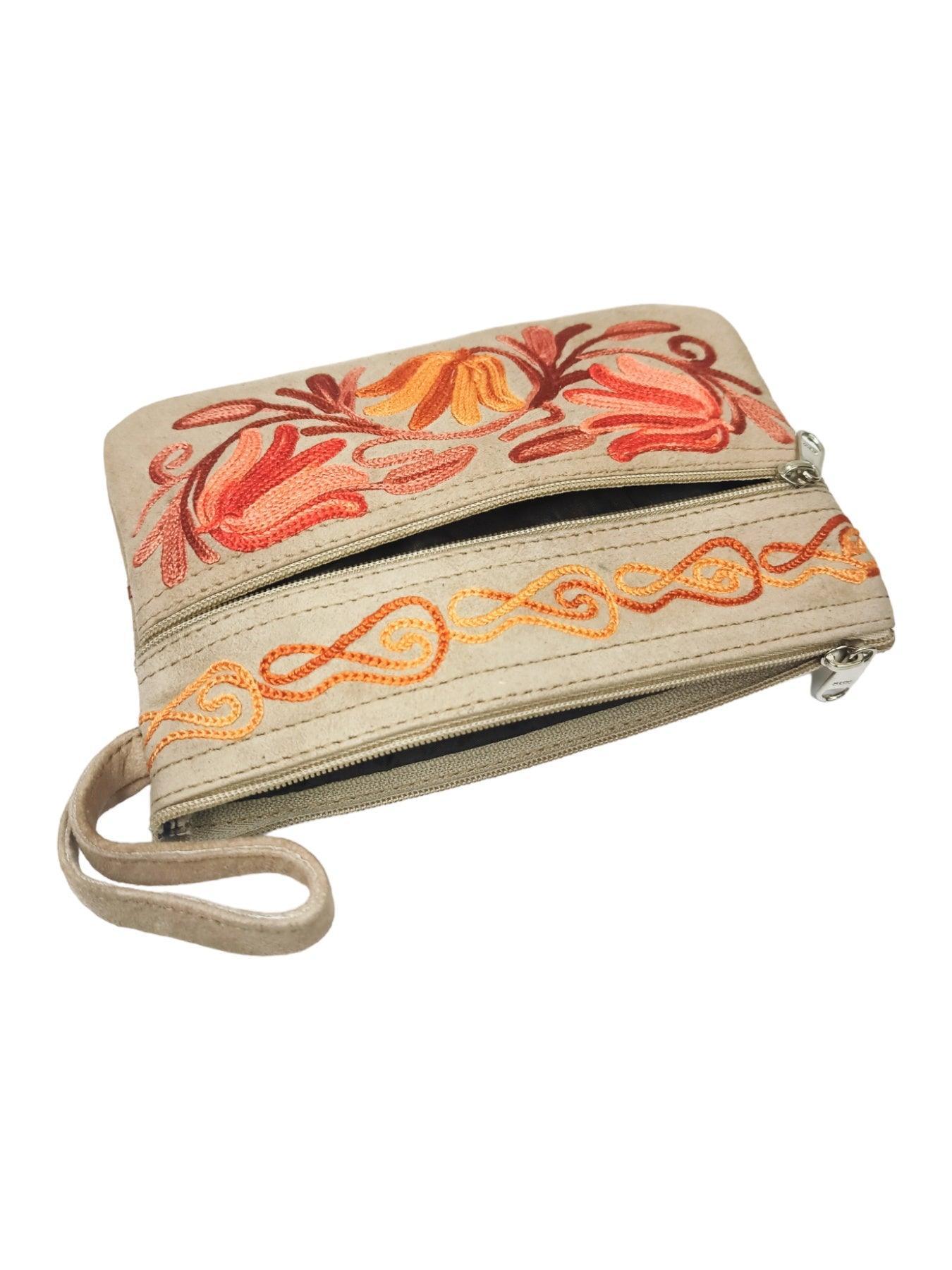 Suede Leather Purse | Aari Hand Purch | 6" 3 Zip Embroidered Purse - ZANSKAR ARTS