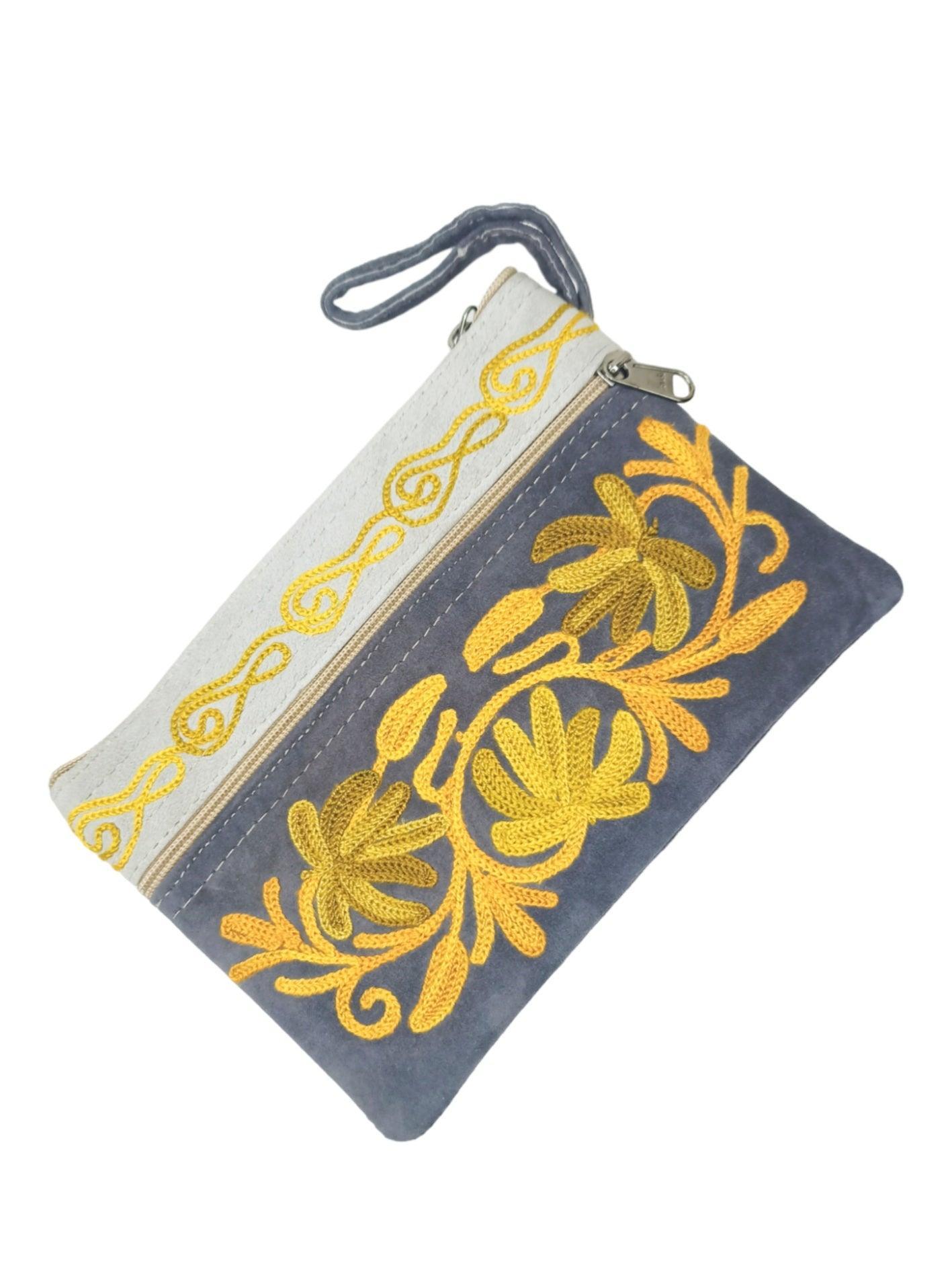 Suede Leather Purse | Aari Hand Purch | 6" 3 Zip Embroidered Purse - ZANSKAR ARTS