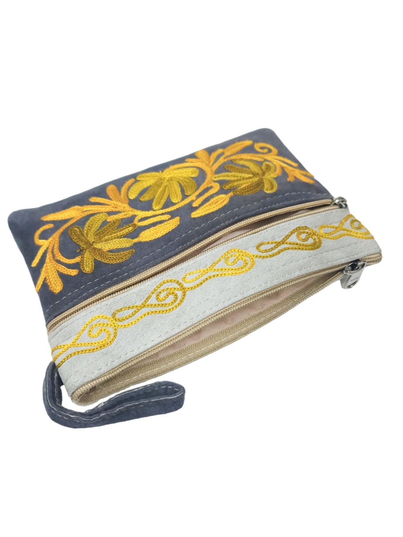 Suede Leather Purse | Aari Hand Purch | 6" 3 Zip Embroidered Purse - ZANSKAR ARTS