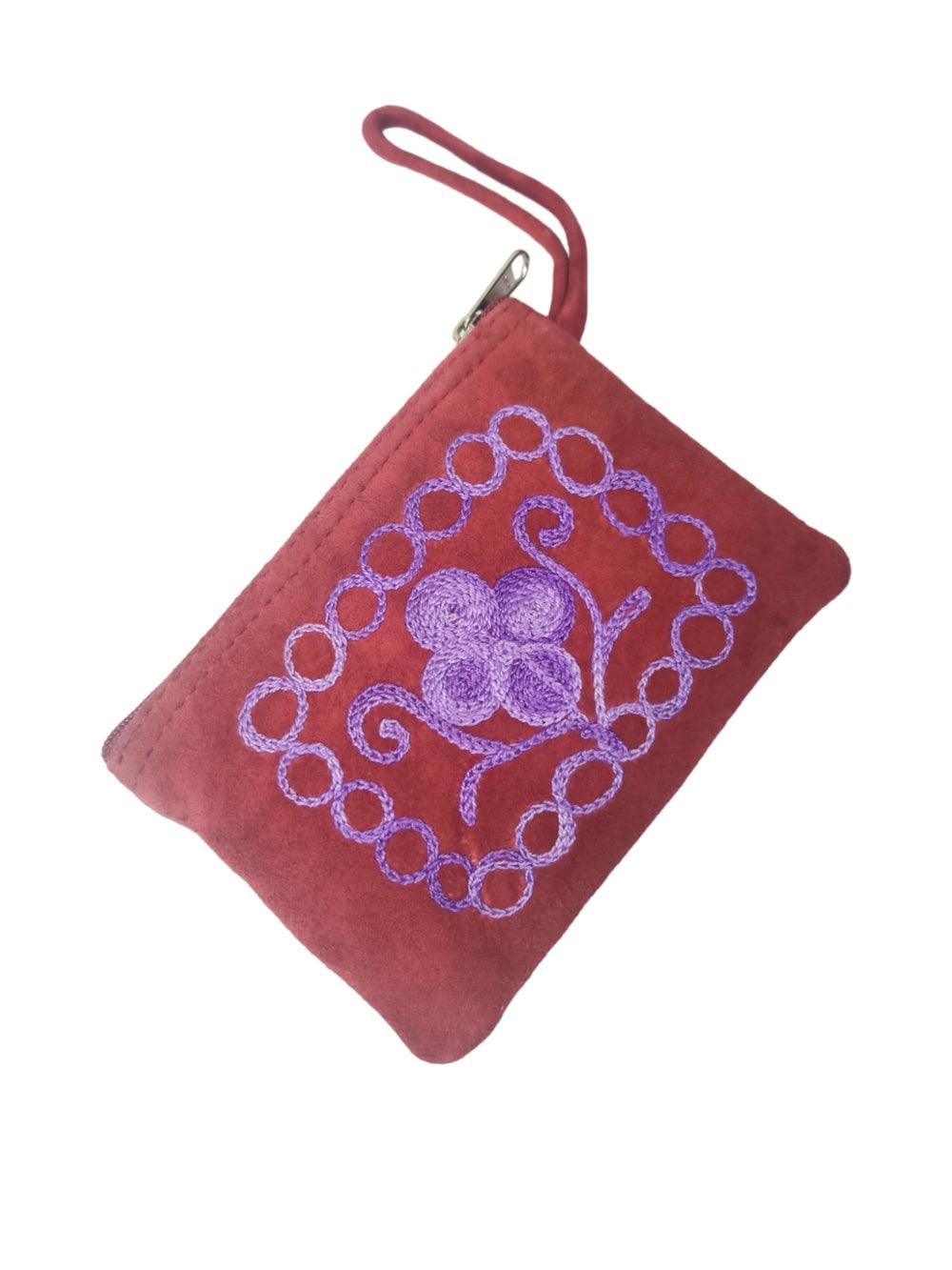 Suede Leather Purse Single Zip | Aari Hand Purch | 4"Zip Purse - ZANSKAR ARTS