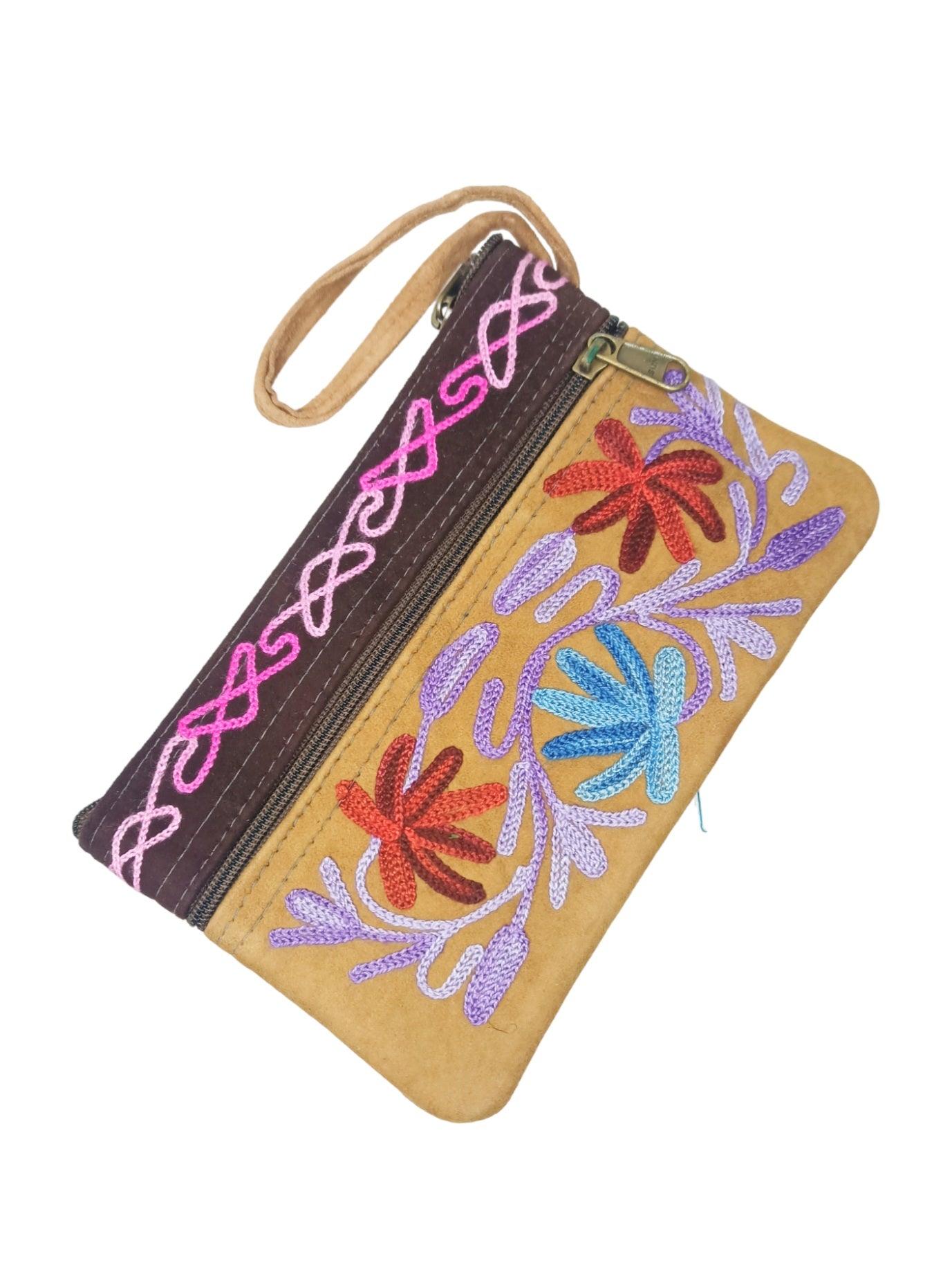 Suede Leather Purse | Aari Hand Purch | 6" 3 Zip Embroidered Purse - ZANSKAR ARTS