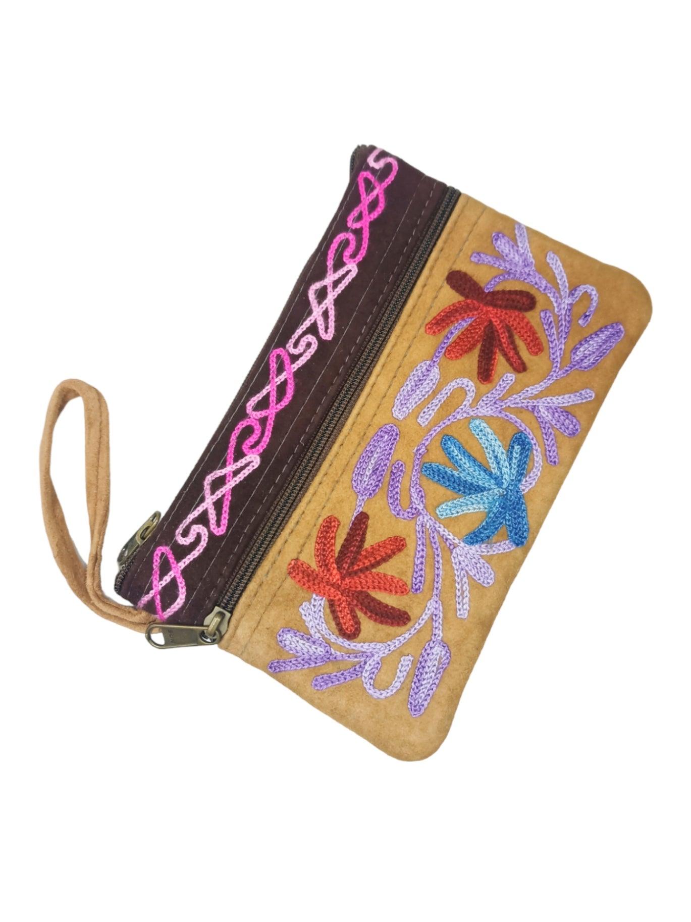 Suede Leather Purse | Aari Hand Purch | 6" 3 Zip Embroidered Purse - ZANSKAR ARTS