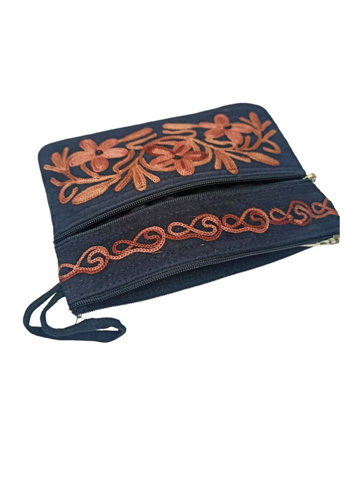 Suede Leather Purse | Aari Hand Purch | 6" 3 Zip Embroidered Purse - ZANSKAR ARTS