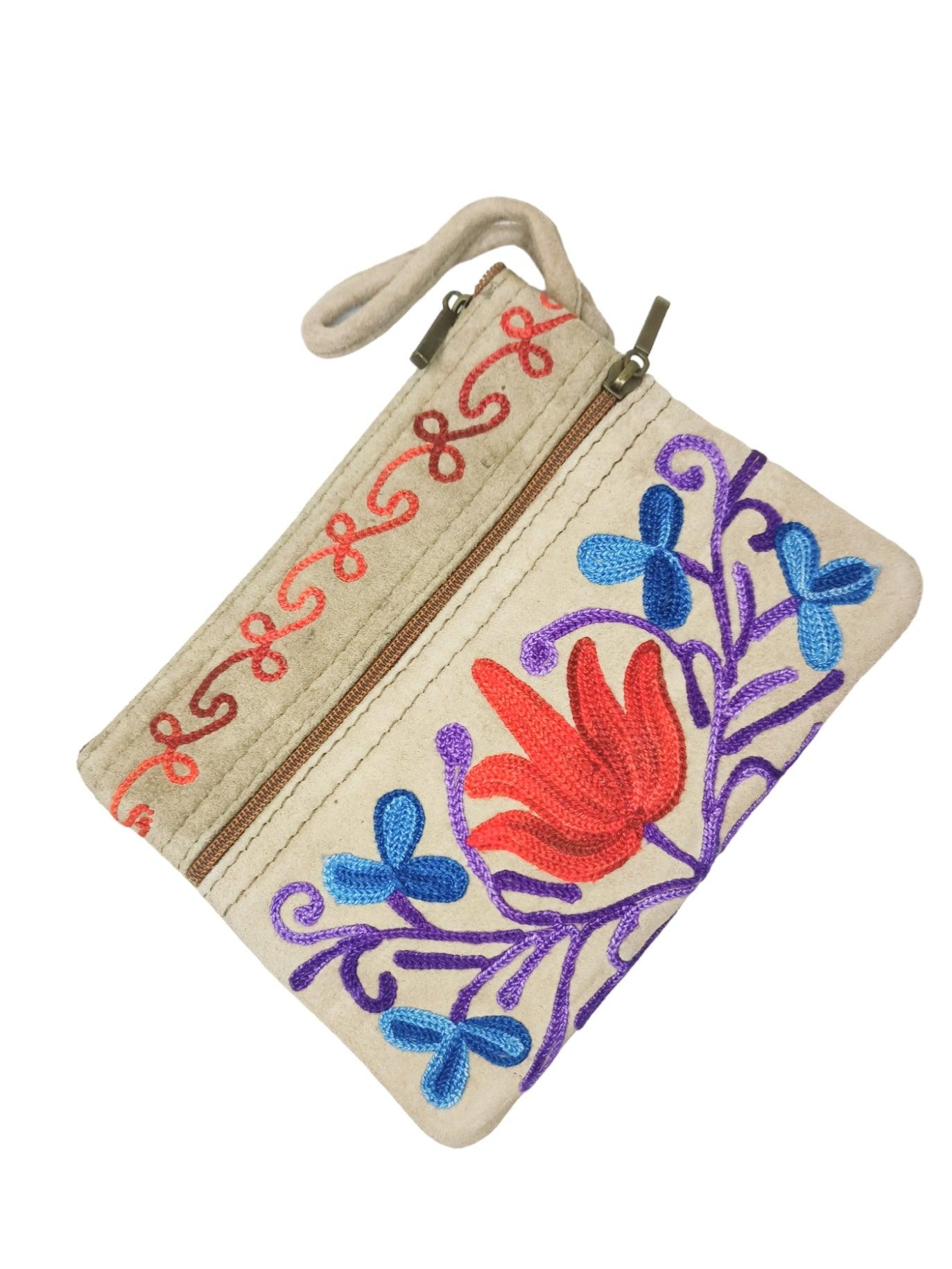 Suede Leather Purse | Aari Hand Purch | 6" 3 Zip Embroidered Purse - ZANSKAR ARTS