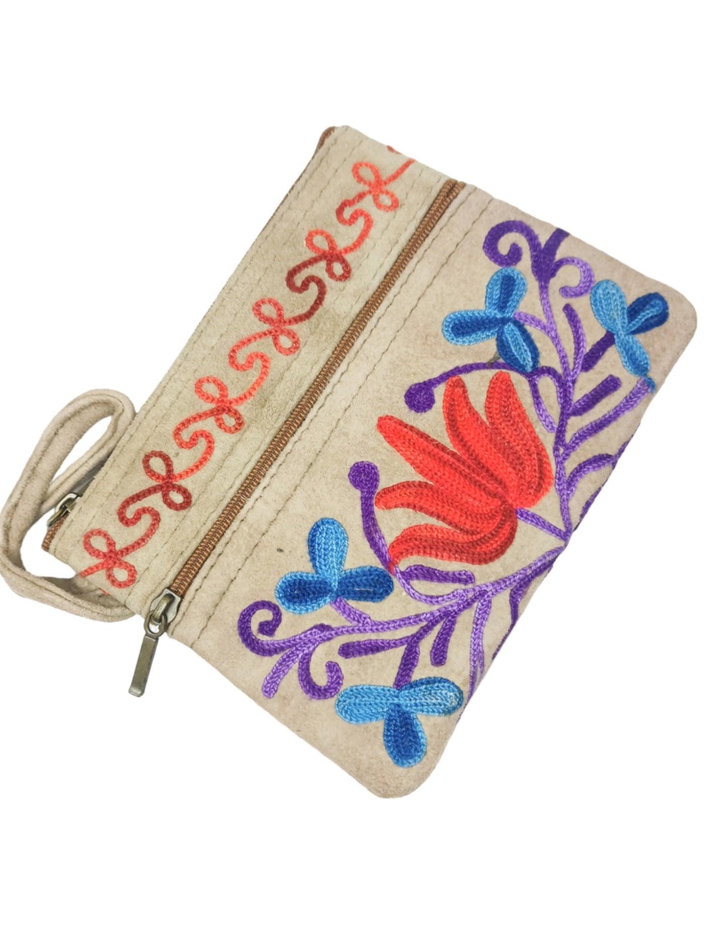 Suede Leather Purse | Aari Hand Purch | 6" 3 Zip Embroidered Purse - ZANSKAR ARTS