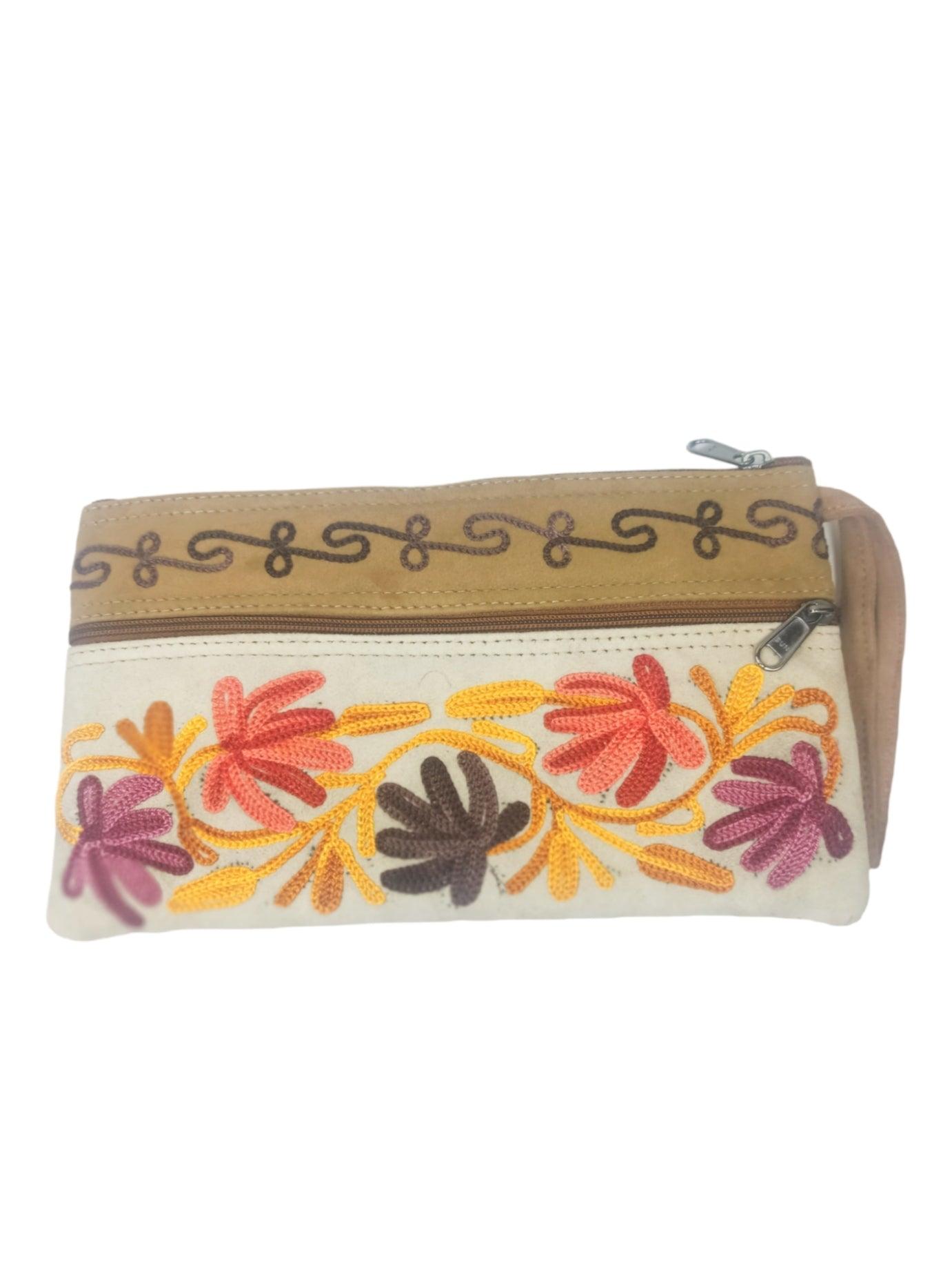 Suede Leather Purse | Aari Hand Purch | 8" 3 Zip Embroidered Purse - ZANSKAR ARTS