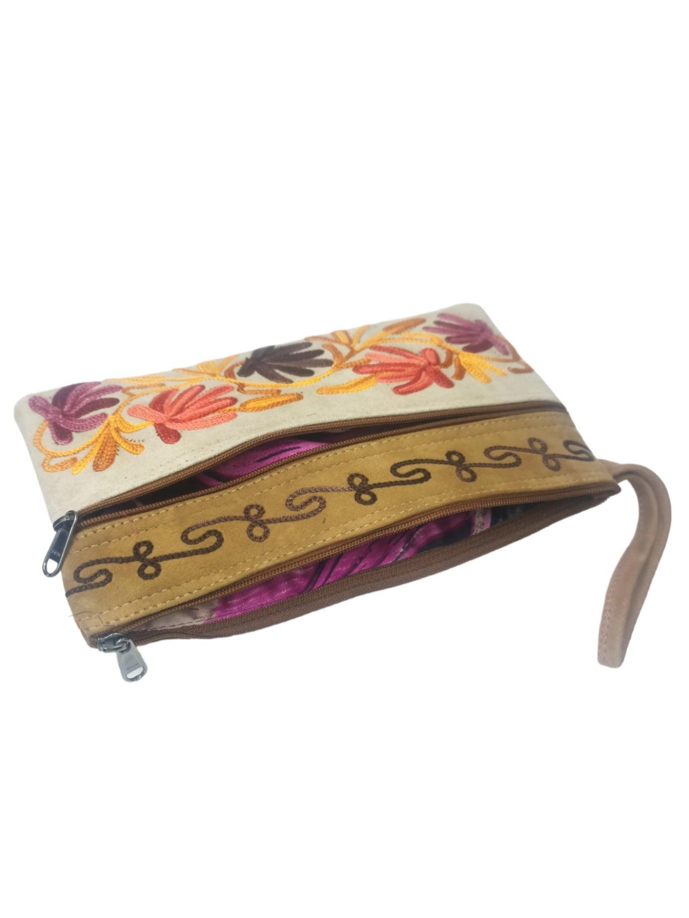 Suede Leather Purse | Aari Hand Purch | 8" 3 Zip Embroidered Purse - ZANSKAR ARTS