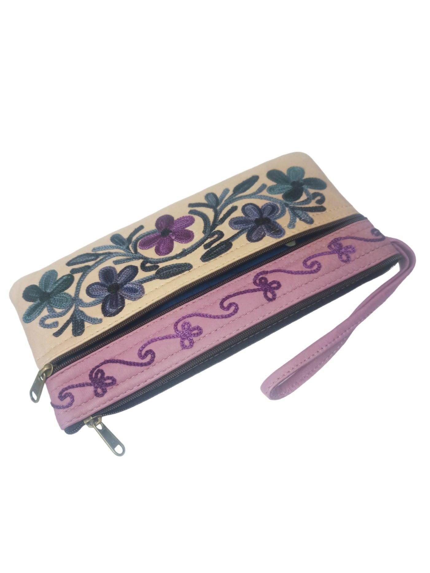 Suede Leather Purse | Aari Hand Purch | 8" 3 Zip Embroidered Purse - ZANSKAR ARTS