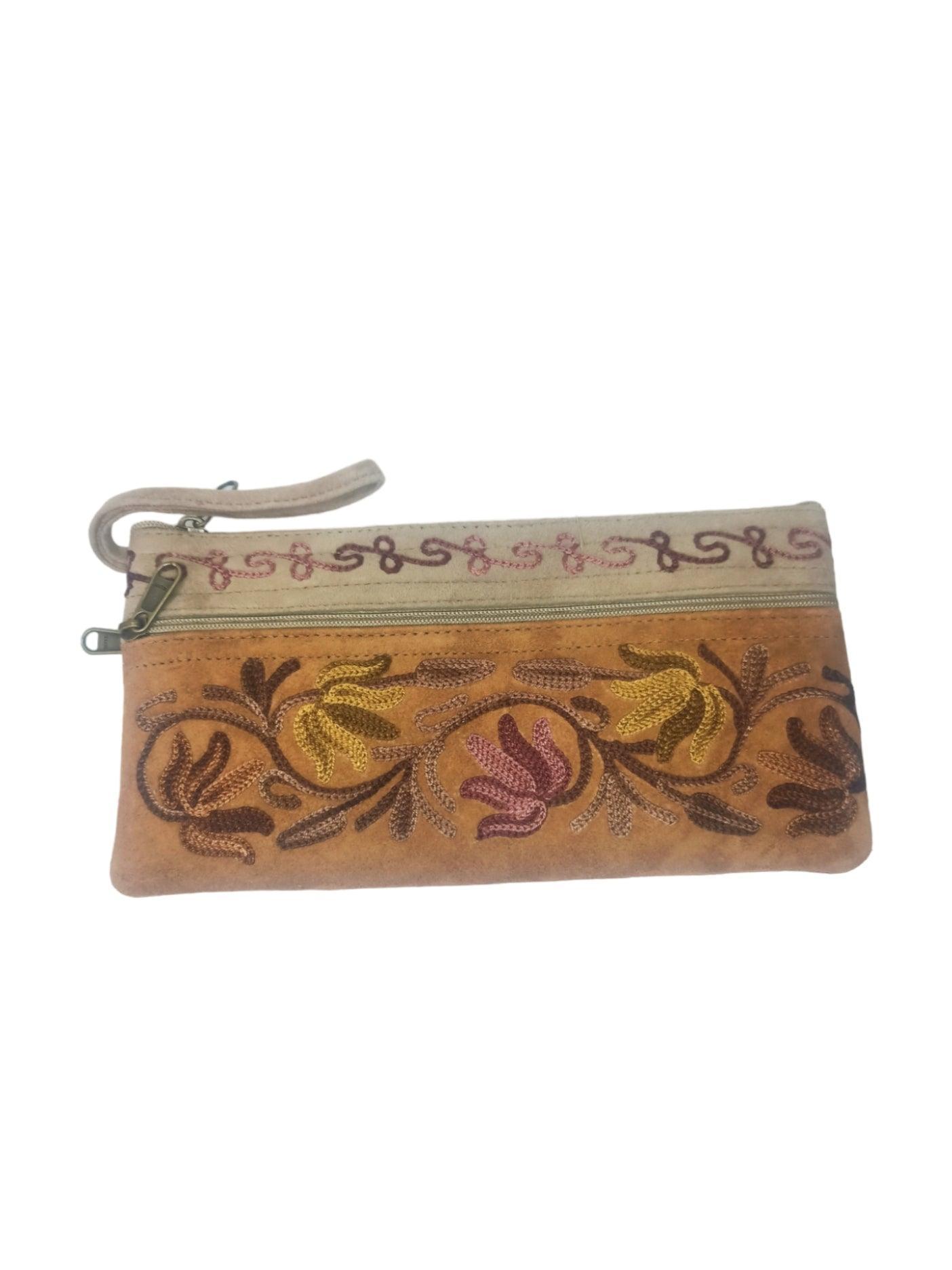 Suede Leather Purse | Aari Hand Purch | 8" 3 Zip Embroidered Purse - ZANSKAR ARTS