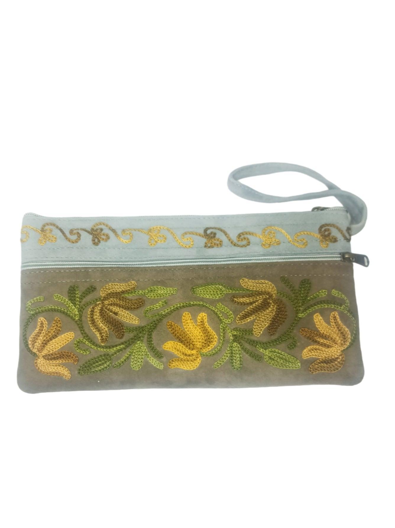 Suede Leather Purse | Aari Hand Purch | 8" 3 Zip Embroidered Purse - ZANSKAR ARTS