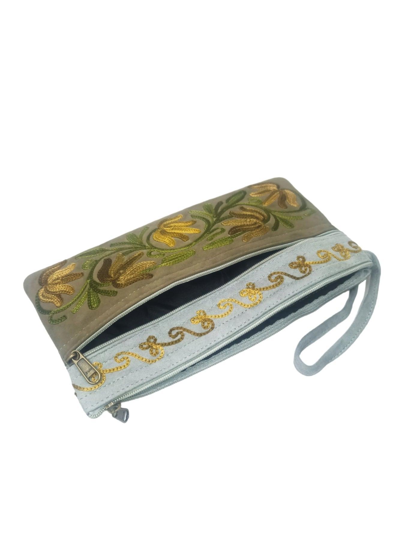Suede Leather Purse | Aari Hand Purch | 8" 3 Zip Embroidered Purse - ZANSKAR ARTS