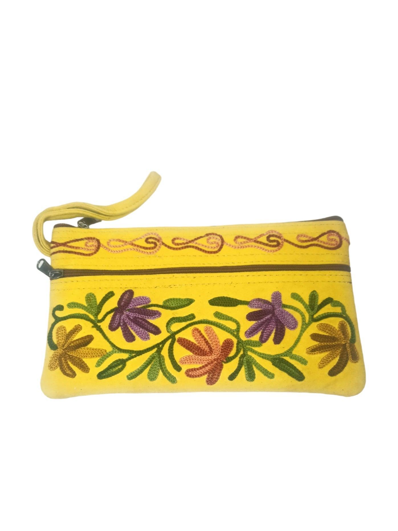 Suede Leather Purse | Aari Hand Purch | 8" 3 Zip Embroidered Purse - ZANSKAR ARTS