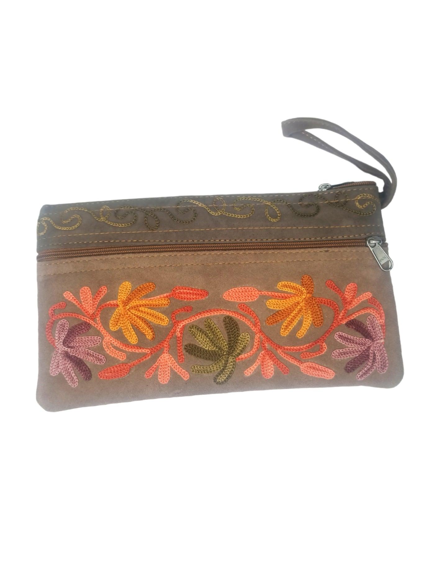 Suede Leather Purse | Aari Hand Purch | 8" 3 Zip Embroidered Purse - ZANSKAR ARTS