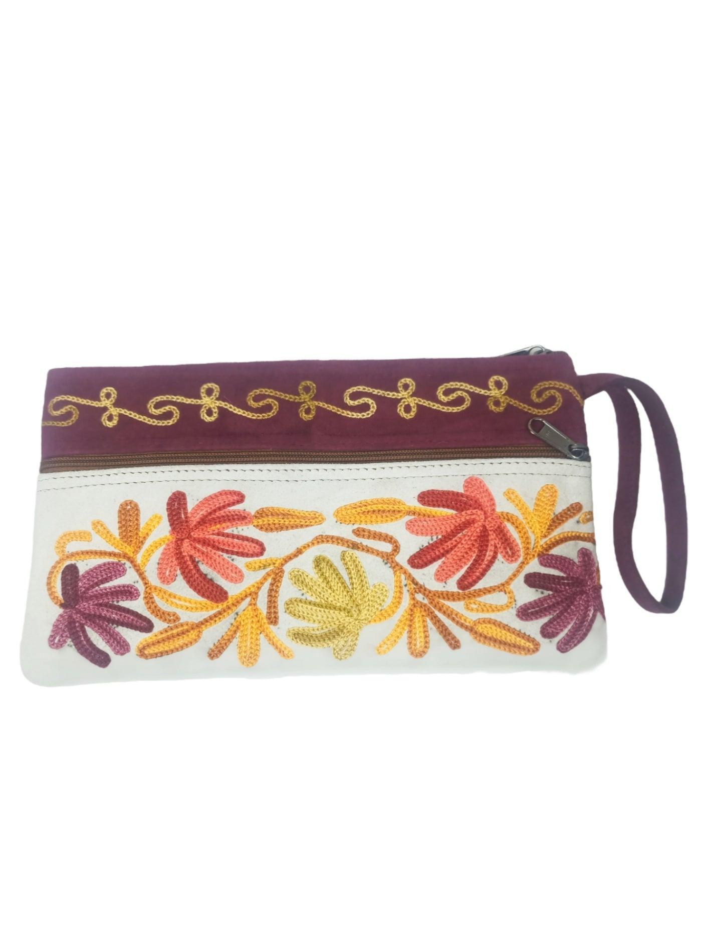 Suede Leather Purse | Aari Hand Purch | 8" 3 Zip Embroidered Purse - ZANSKAR ARTS