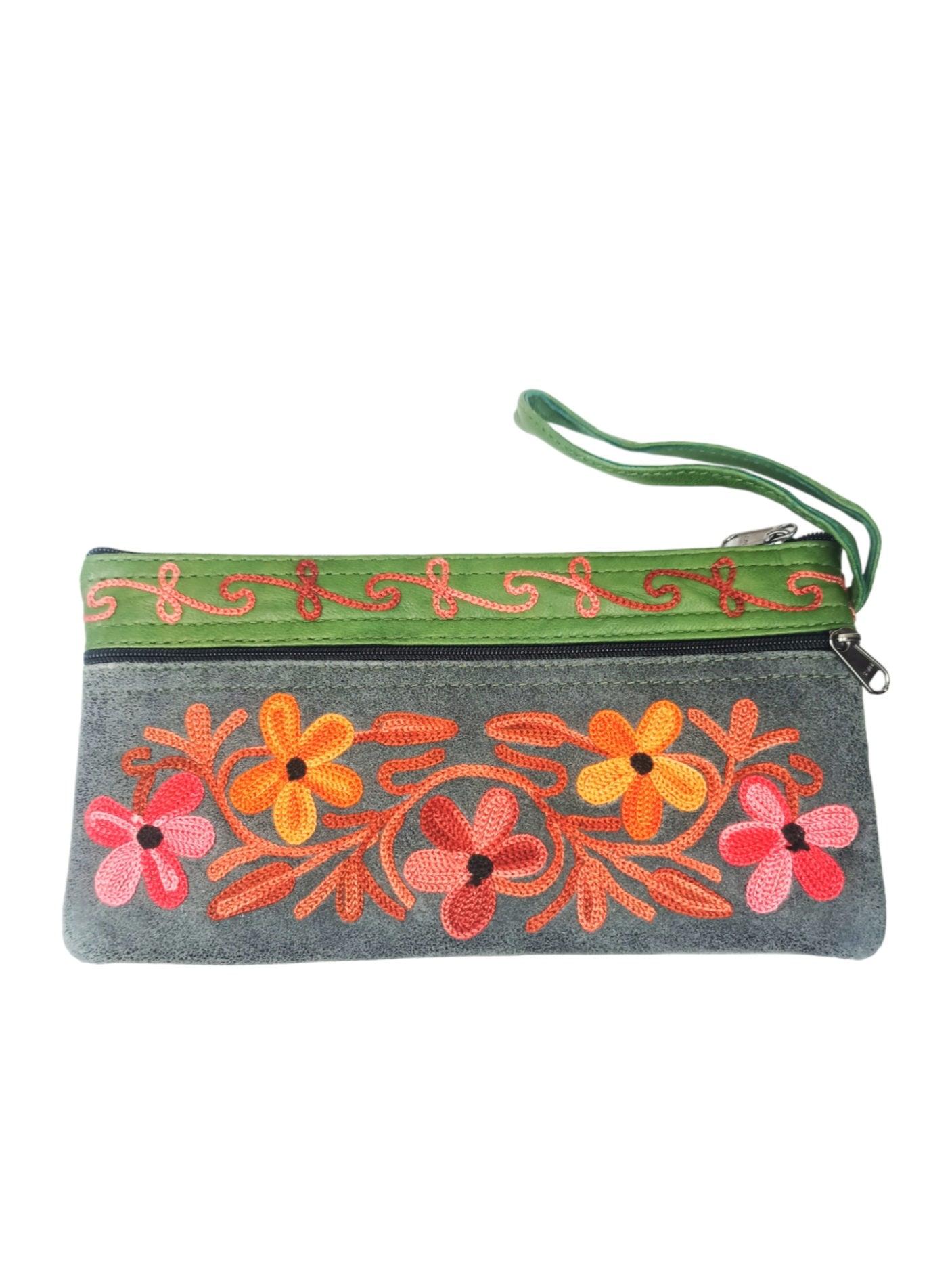 Suede Leather Purse | Aari Hand Purch | 8" 3 Zip Embroidered Purse - ZANSKAR ARTS