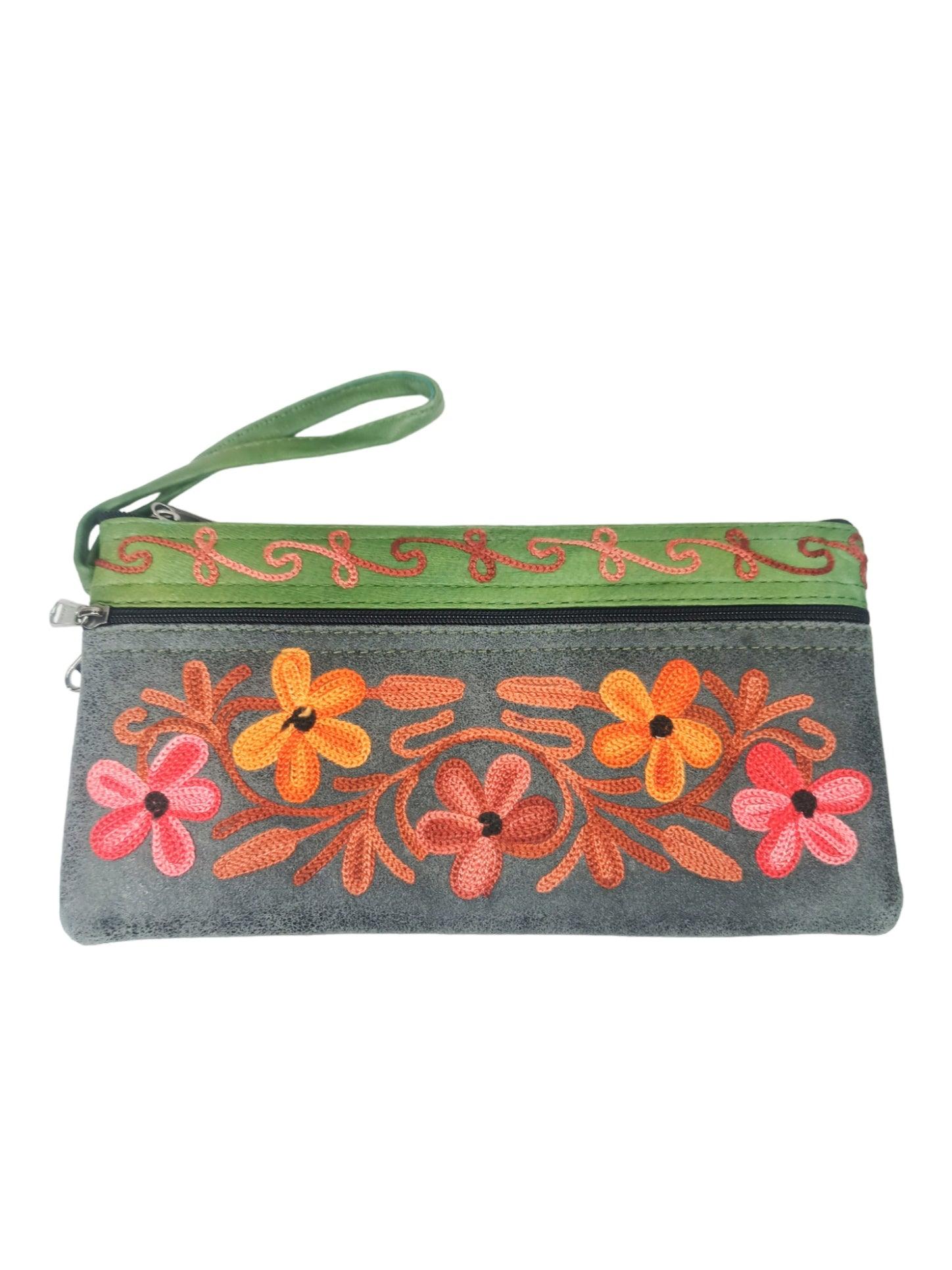 Suede Leather Purse | Aari Hand Purch | 8" 3 Zip Embroidered Purse - ZANSKAR ARTS