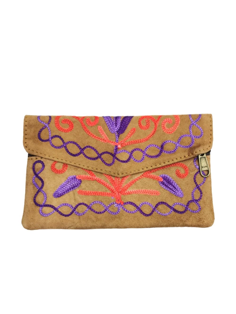 Suede Leather Flap Purse | Kashmiri Flap Purse | 6" Zip Purse - ZANSKAR ARTS