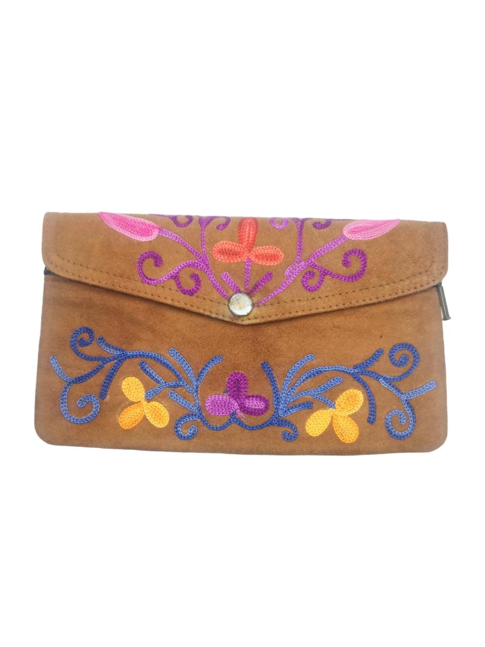 Suede Leather Flap Purse | Kashmiri Flap Purse | 8" Zip Purse - ZANSKAR ARTS