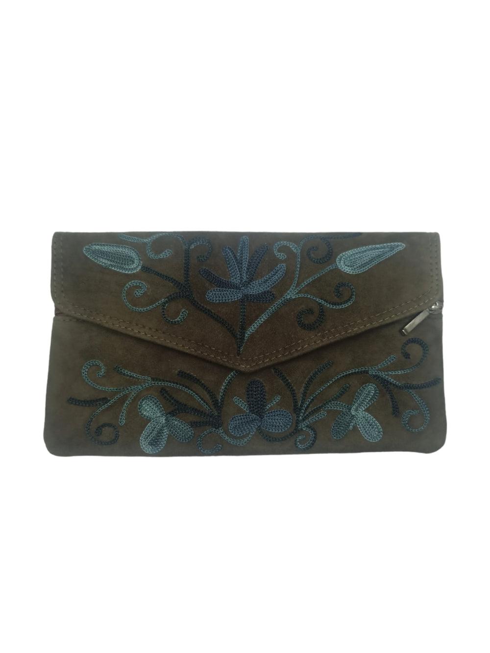 Suede Leather Flap Purse | Kashmiri Flap Purse | 8" Zip Purse - ZANSKAR ARTS