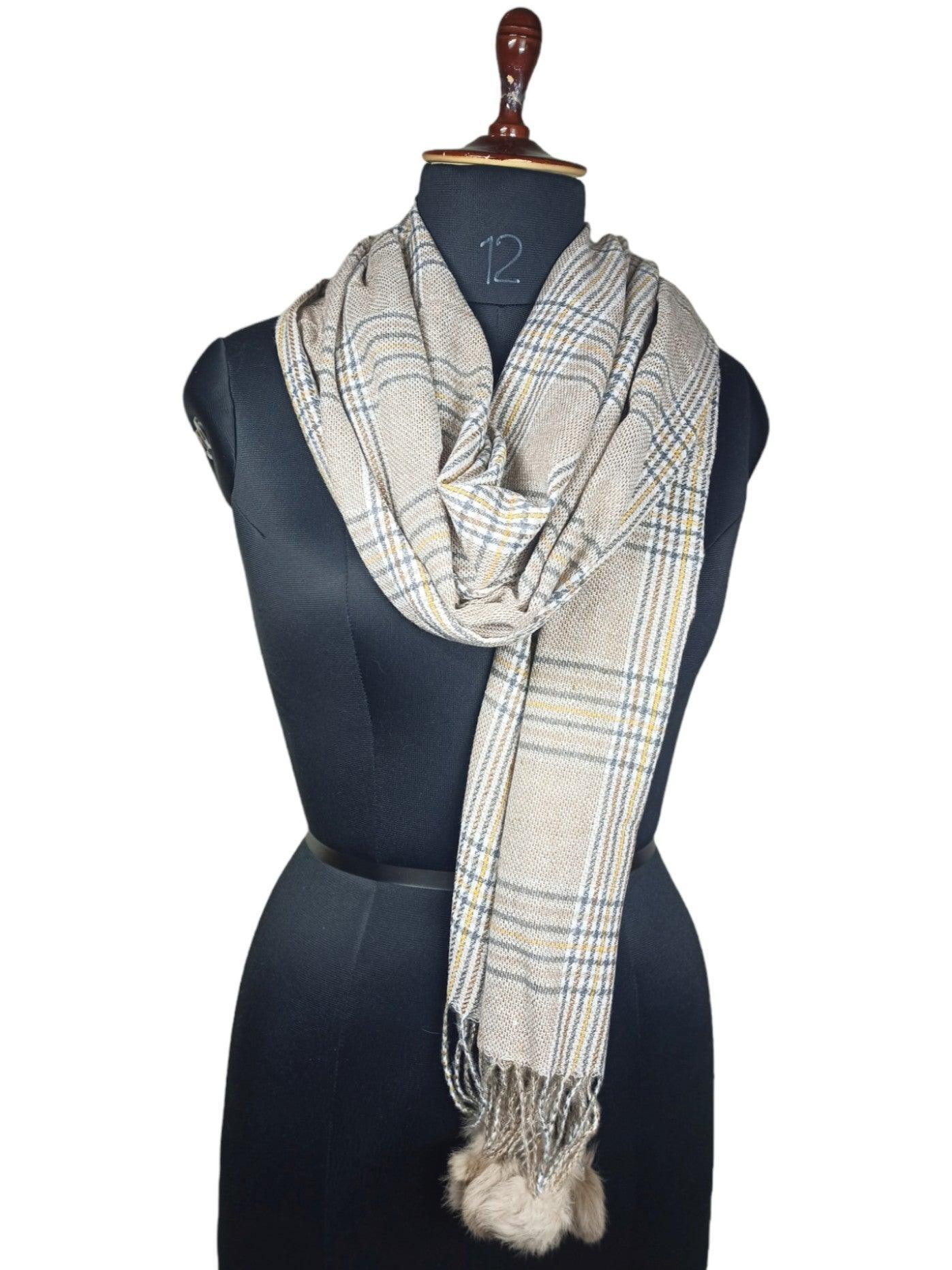 Cashmere Woolen Stole | Reversible Stole | Check Design With Fur Balls - ZANSKAR ARTS