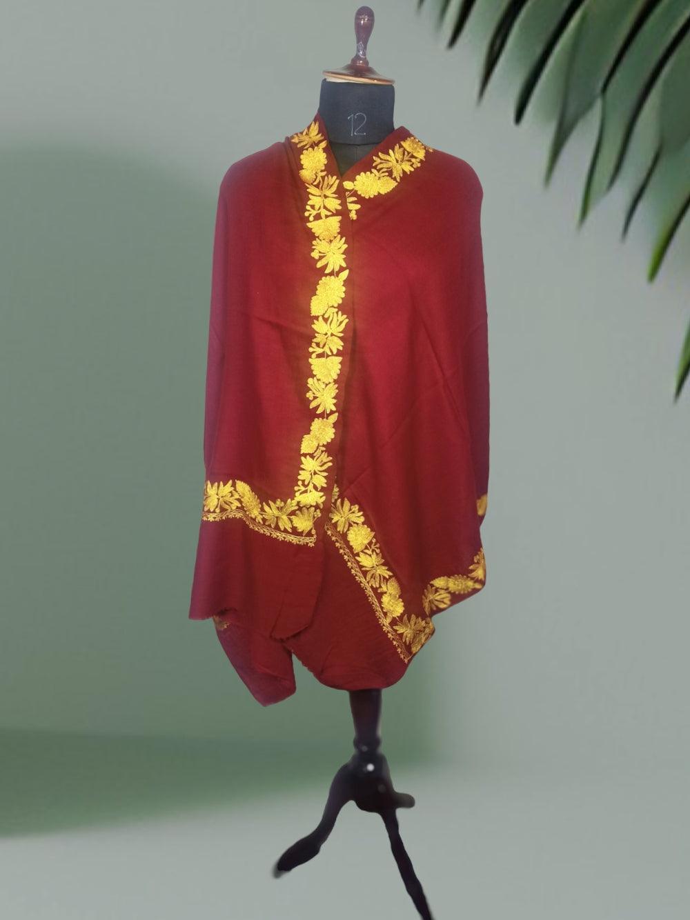 Tilla Border Stoles | Zari Bordet | Maroon Colour | Handwoven - ZANSKAR ARTS