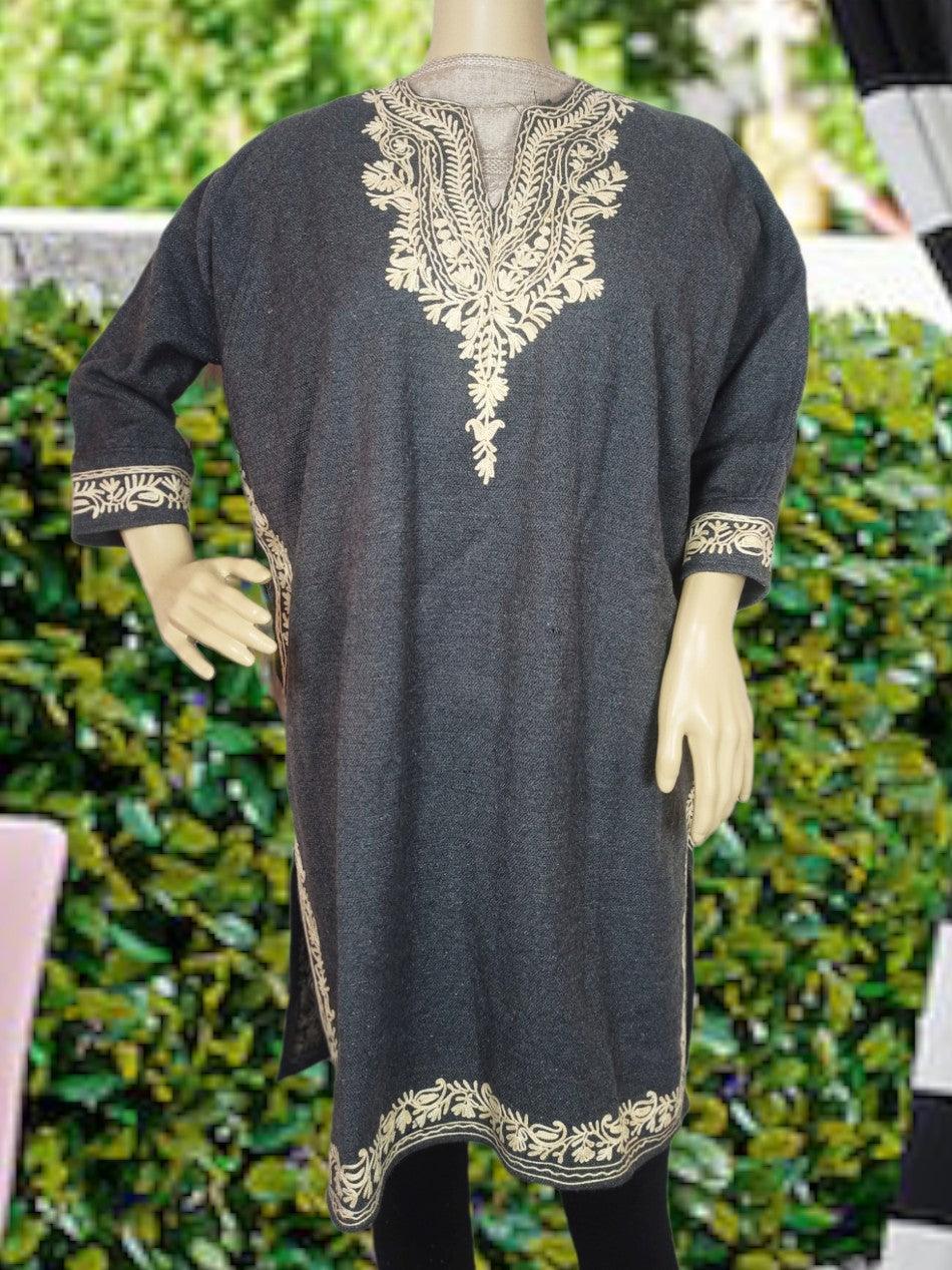 Dark gray kurta with beige intricate embroidery on neckline, cuffs, and hem, displayed on mannequin