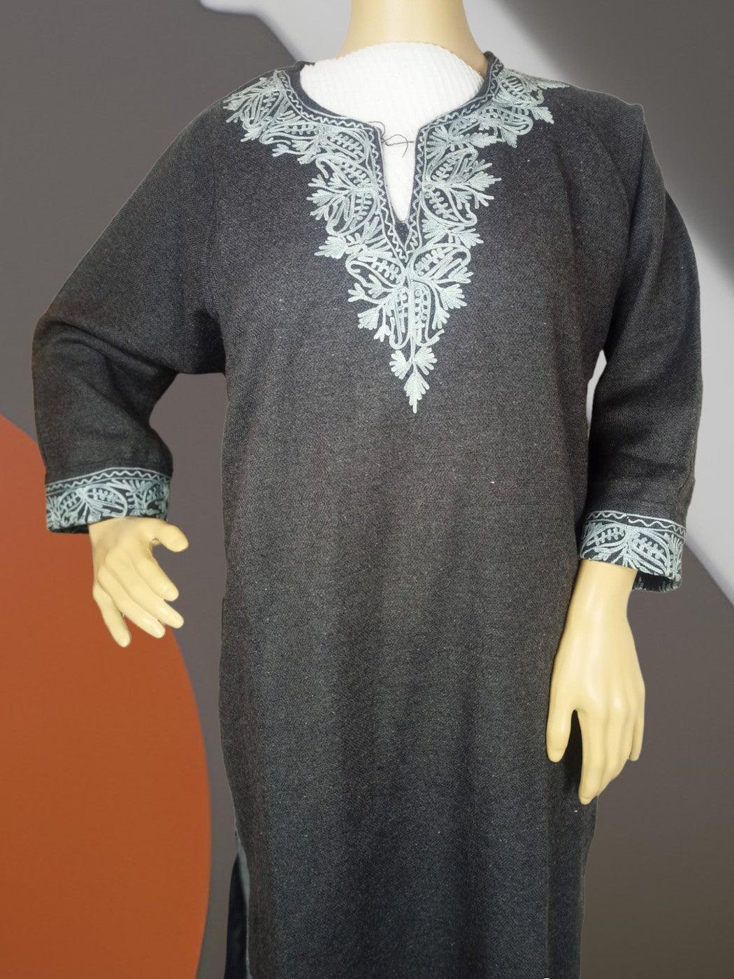 Dark grey traditional Kashmiri Pashmina wool kurta with light blue intricate floral embroidery on neckline and cuffs