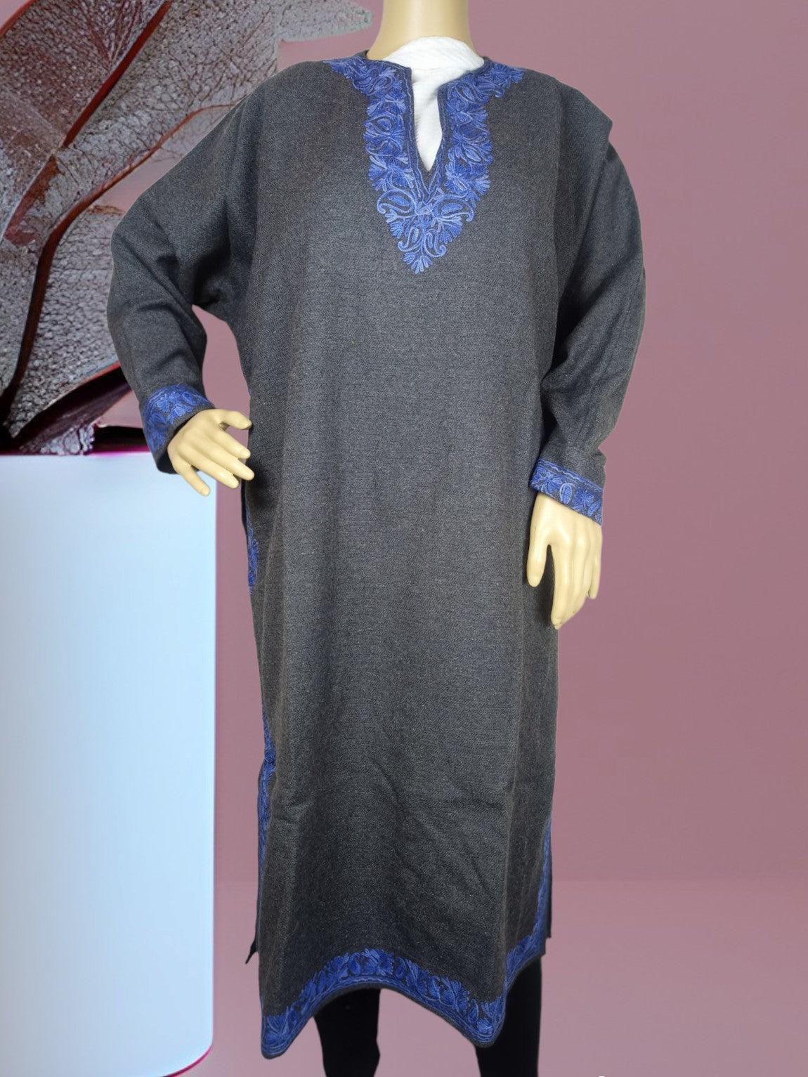 Dark gray traditional dress with blue floral embroidery on neckline, cuffs, and hem displayed on mannequin