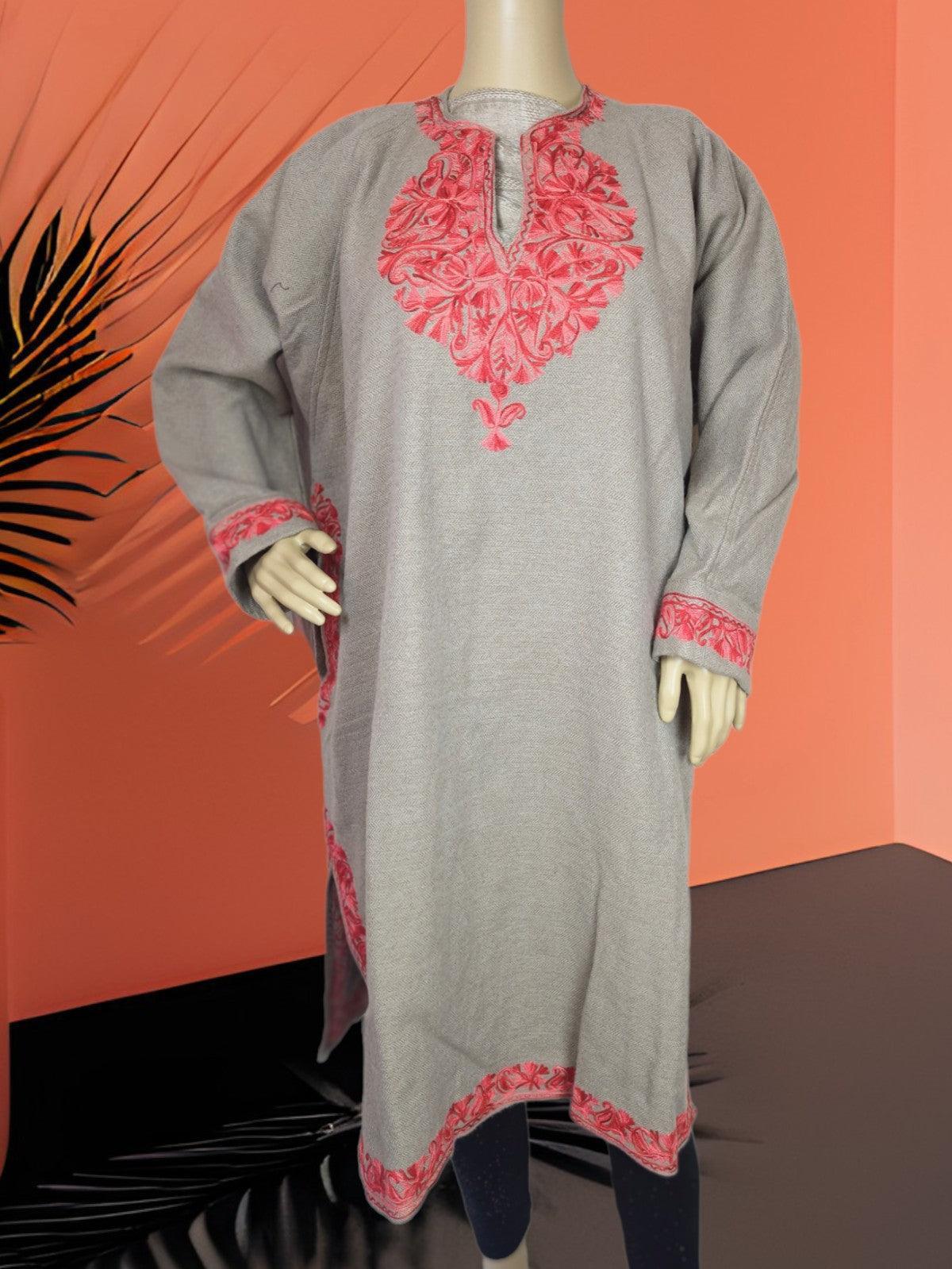 Grey traditional kurta with pink floral embroidery on chest, cuffs, and hem displayed on mannequin