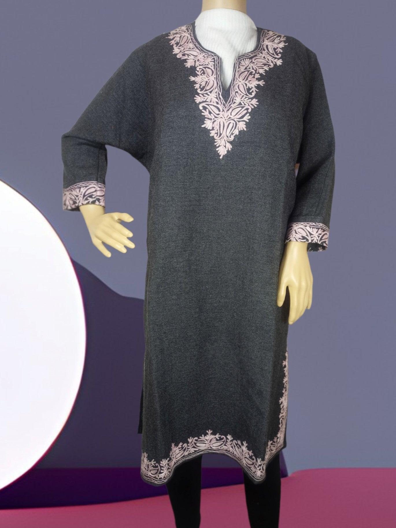 Dark grey traditional pashmina kurta with pink floral embroidery on neckline, cuffs, and hem from Zanskar Arts