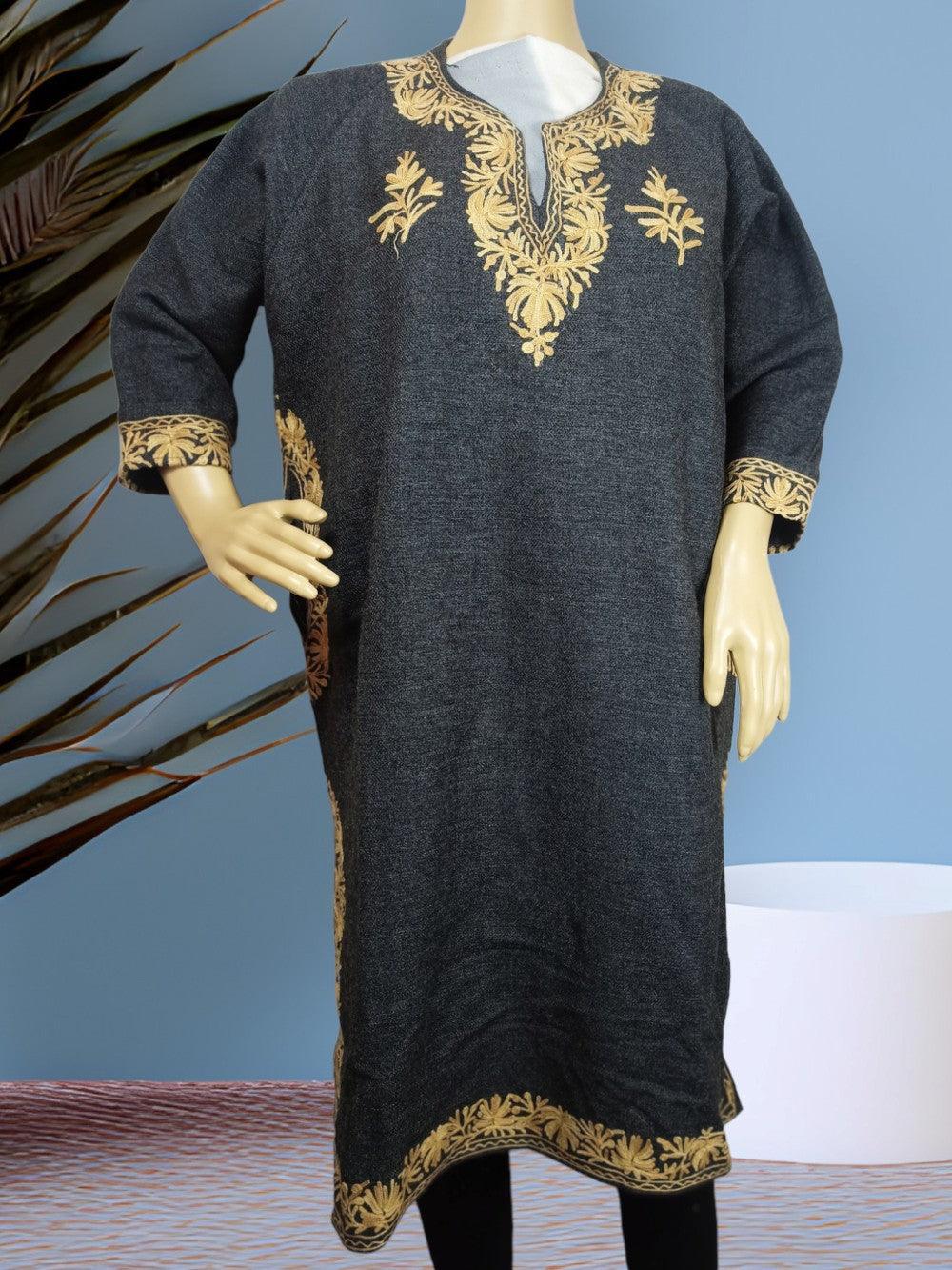 Black woolen kurta with intricate golden floral embroidery on neck, sleeves, and hem displayed on mannequin