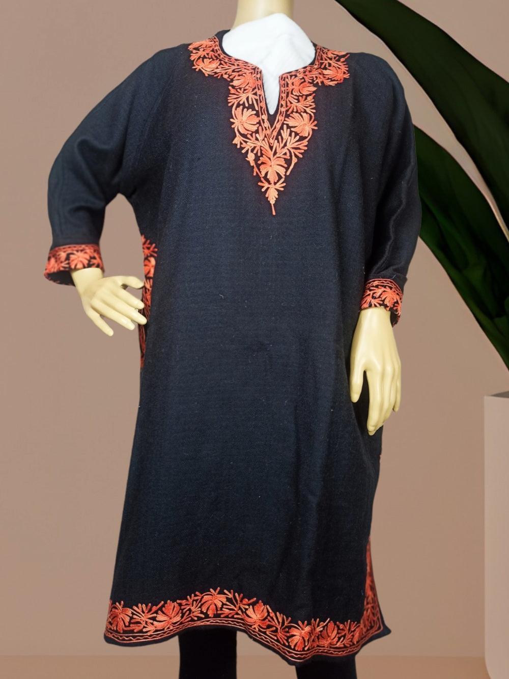 Black woolen kurti with orange floral embroidery on neckline, cuffs, and hem displayed on mannequin