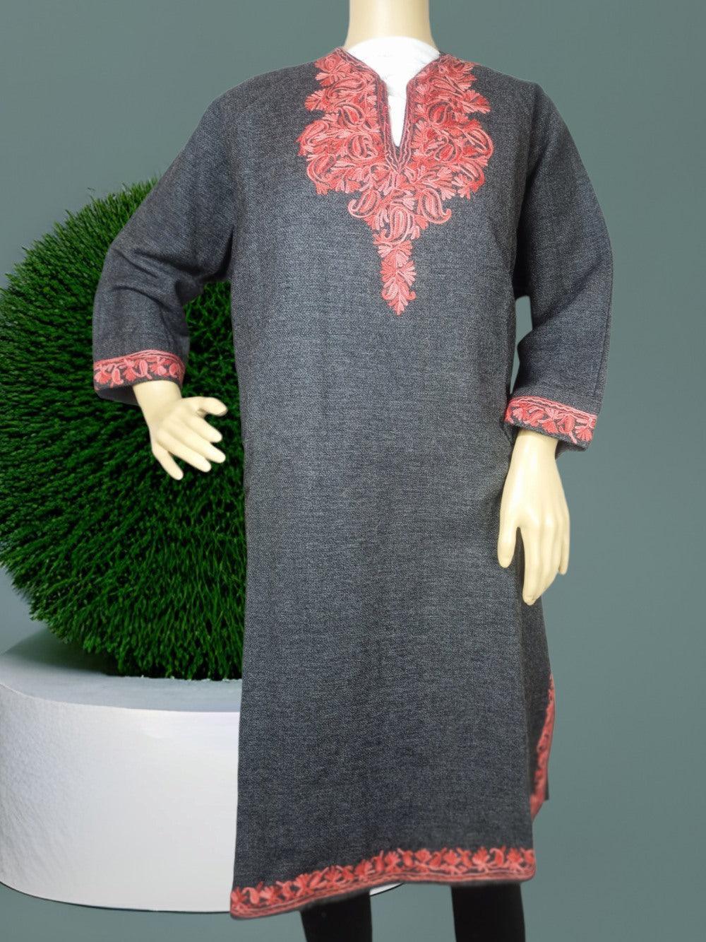 Grey woolen kurta with intricate red embroidery on neckline, cuffs, and hem displayed on mannequin