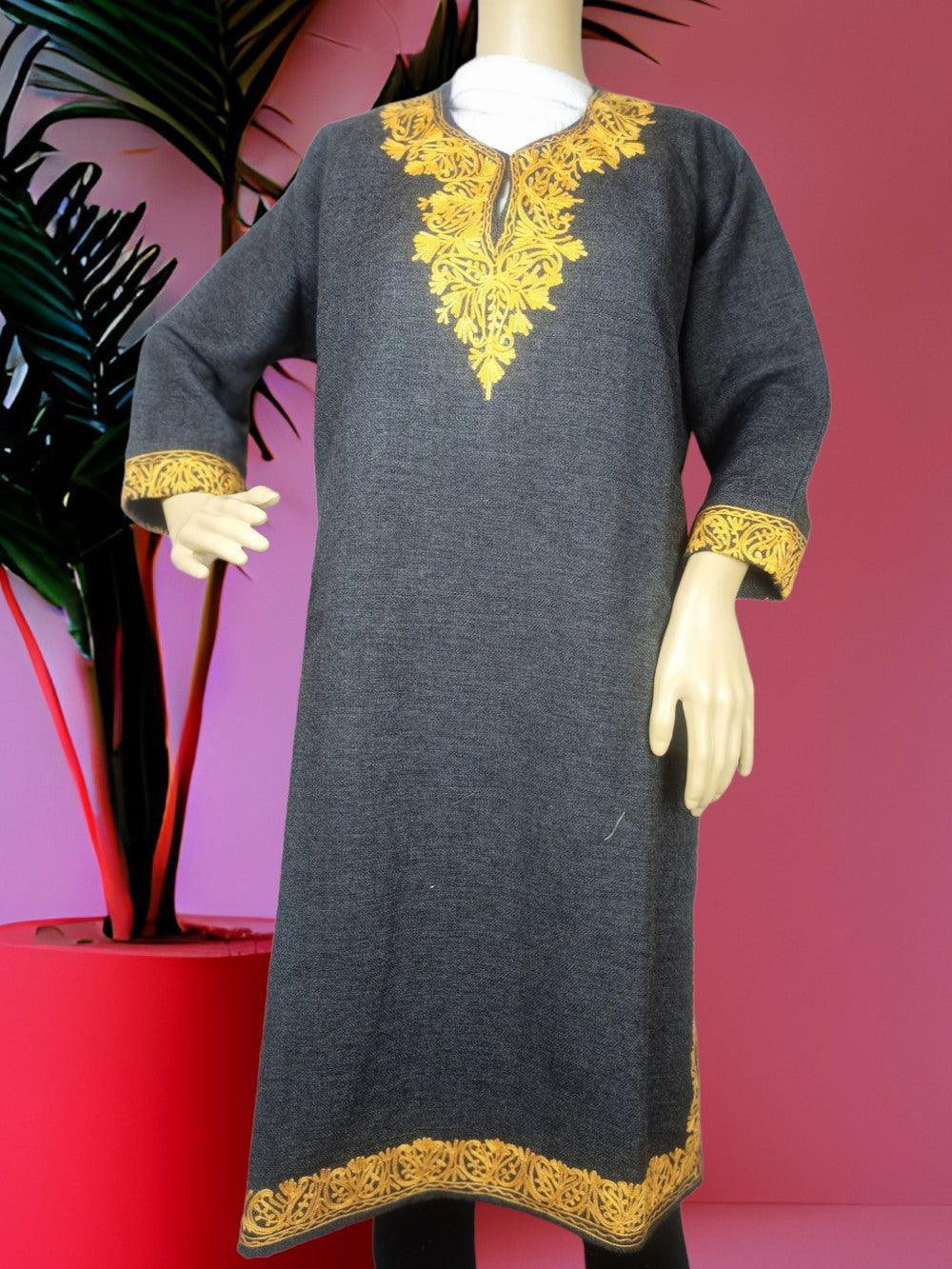 Dark grey traditional kurti with yellow floral embroidery on neckline, cuffs, and hem displayed on mannequin
