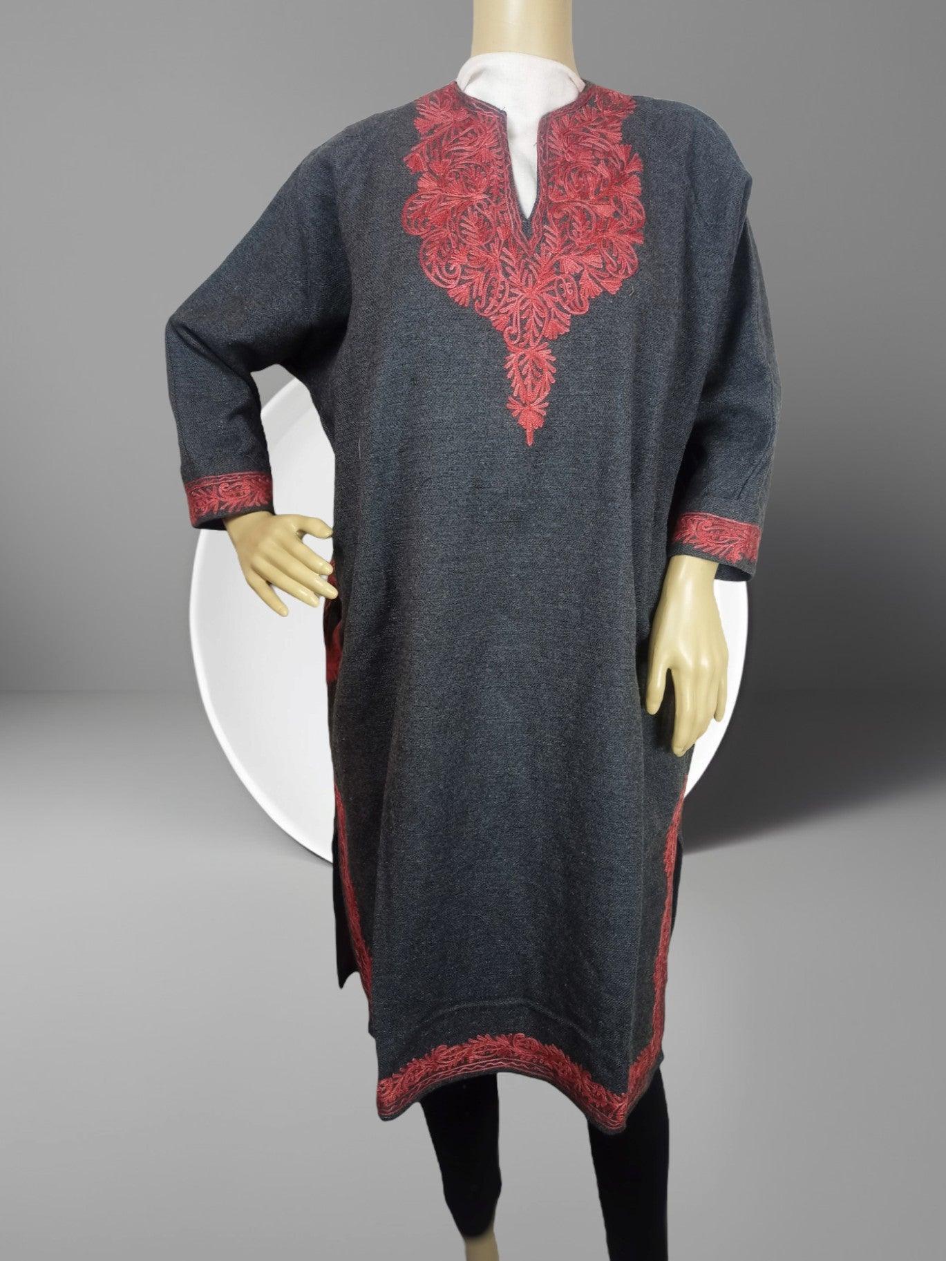 Dark gray traditional kurta with intricate red embroidery on neckline, cuffs, and hem displayed on mannequin